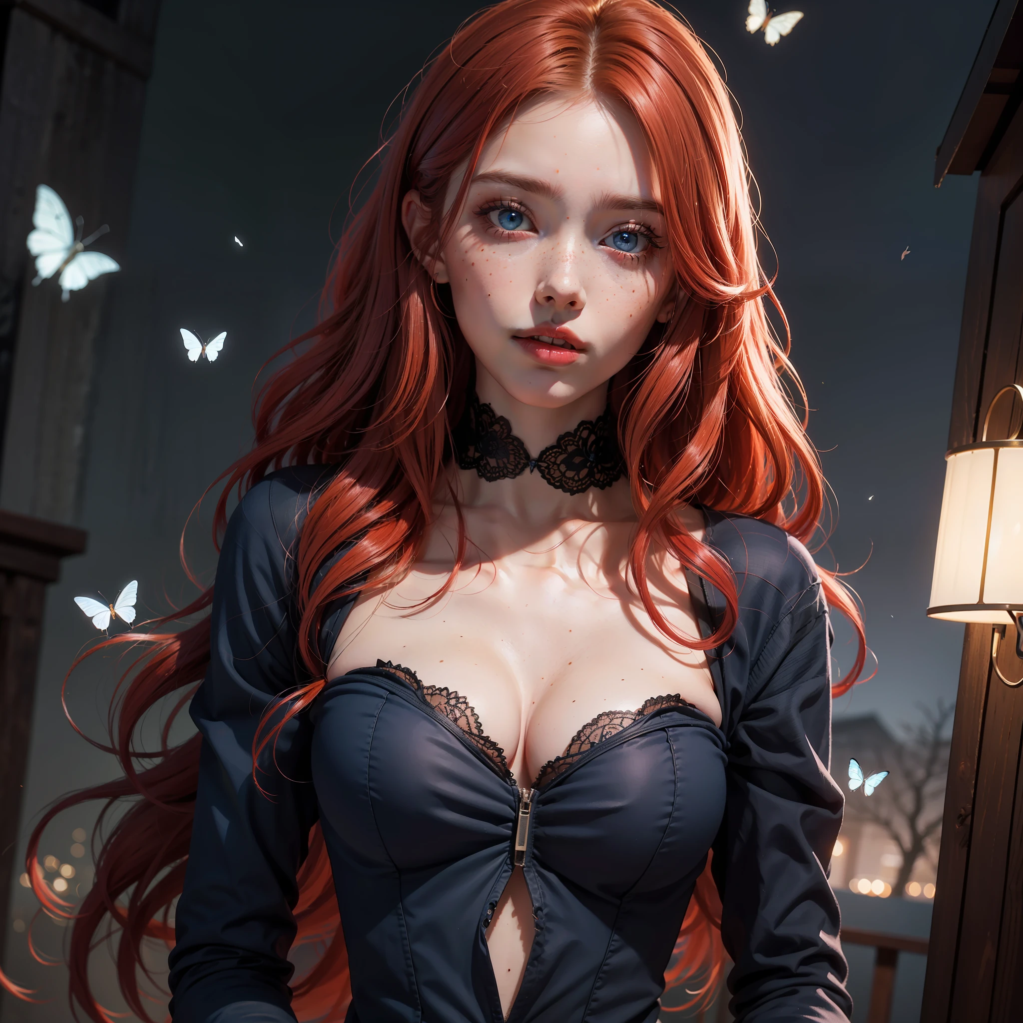 (absurd, highres, ultra detailed), 1 woman, adult, beautiful, tall woman, finely detailed eyes, light red colored hair, wavy long hair, demon behind woman, complex pattern, detailed face, adult face, hand lowered, mouth closed, (Dutch angle), overall, night, dark blue eyes, butterflies flying around, freckles, adult face, mature