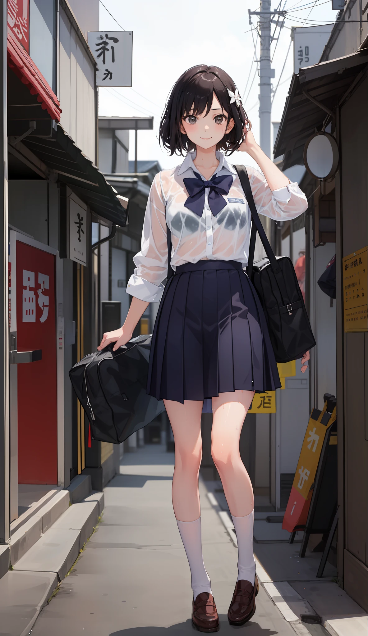 1 girl, smile, shirt, skirt, (small) chiralism, Japan high school school uniform, seravuk, summer clothes, squall-wet uniform, sheer bra, (portrait from knee up),