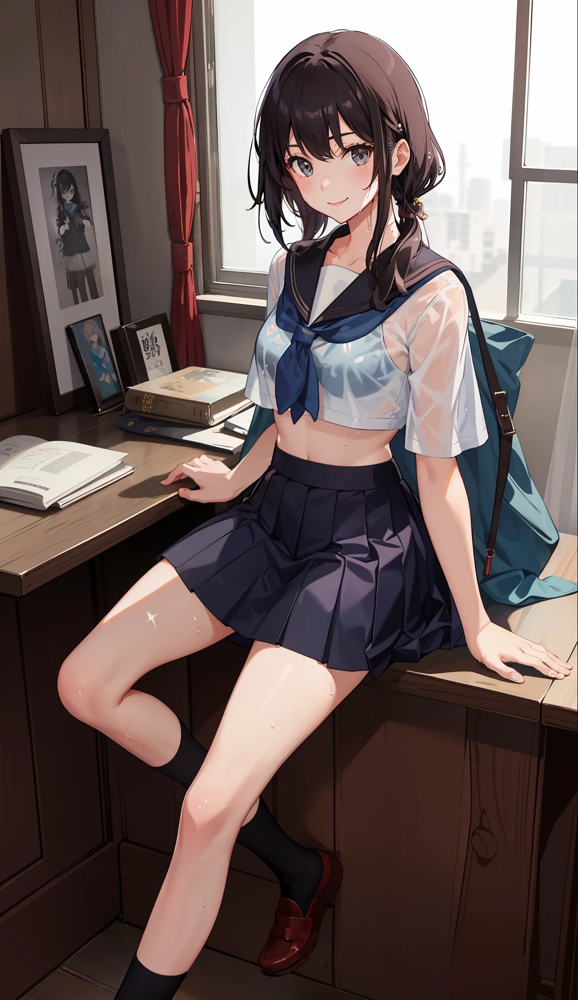 1 girl, smile, shirt, skirt, (small) chiralism, Japan high school school uniform, seravuk, summer clothes, squall-wet uniform, sheer bra, (portrait from knee up),