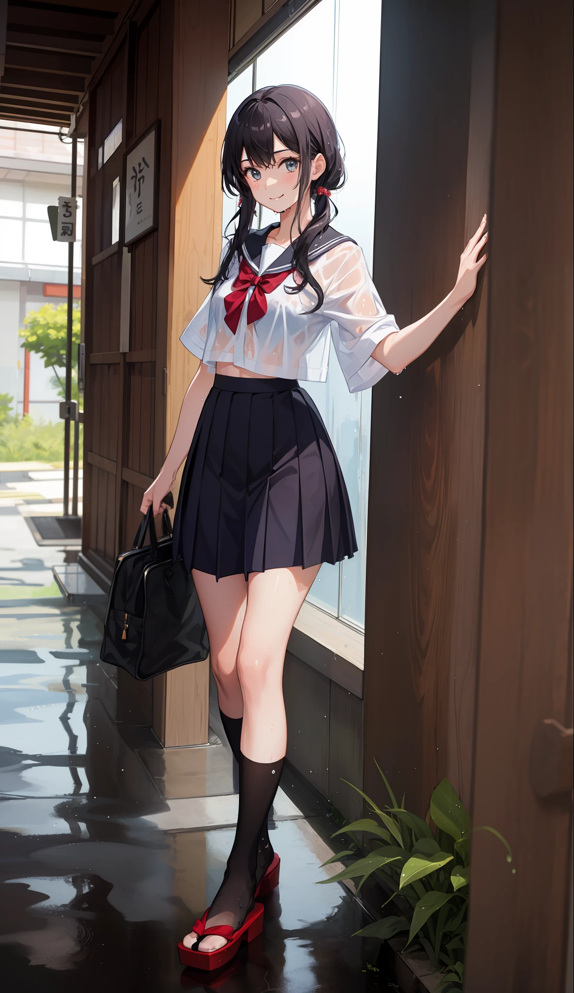 1 girl, smile, shirt, skirt, (small) chiralism, Japan high school school uniform, seravuk, summer clothes, squall-wet uniform, sheer bra, (portrait from knee up),