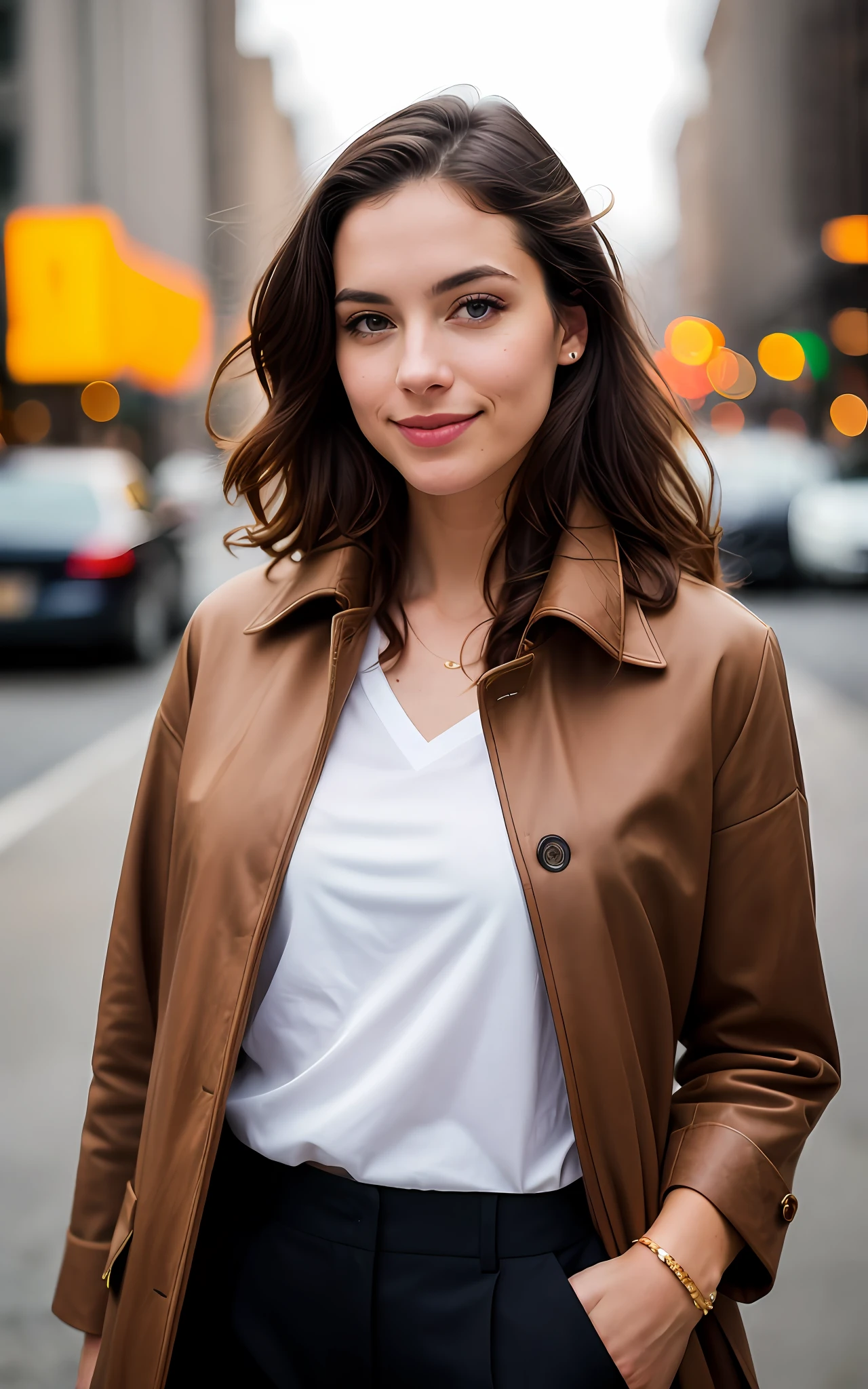 beautiful brunette, woman in brown coat standing on the sidewalk in the city with lights, sophisticated young woman wearing a brown leather coat, woman is in a trenchcoat, attractive woman, photo of a woman, woman in business suit, well-lit professional photo, wearing an extravagant jacket, brown jacket, mid-shot portrait of a gorgeous, 60mm portrait, wearing a long coatyellow sweater (taking cammmmm, very detailed, 21 years, innocent face, natural wavy hair, blue eyes, high resolution, masterpiece, best quality, intricate details, highly detailed, sharp focus, detailed skin, realistic skin texture, texture, detailed eyes, professional, 4k, charming smile, shot on Canon, 85mm, shallow depth of field, kodak vision color, perfect fit body, extremely detailed, foto_\(ultra\), photorealistic, realistic, post-processing, maximum detail, roughness, real life, ultra realistic, photorealism, photography, 8k uhd, photography