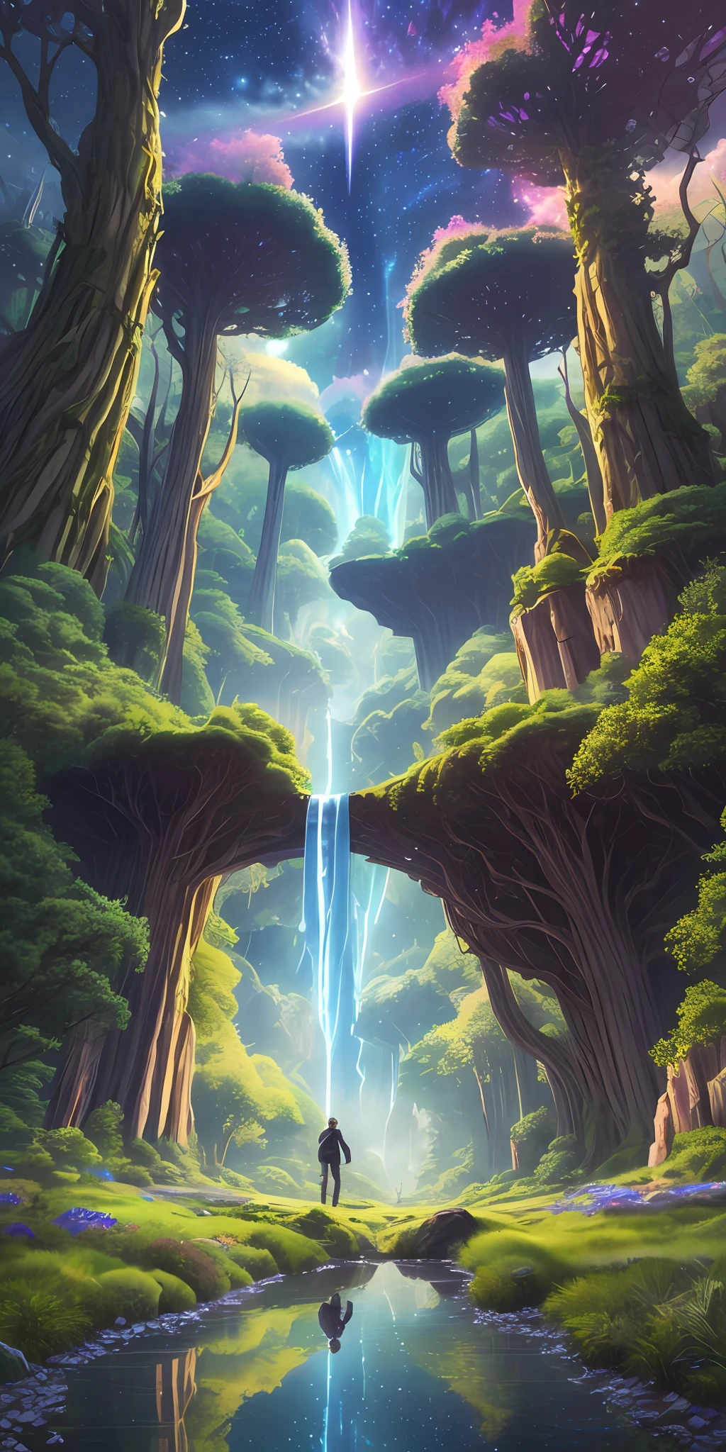 Illustration of a surreal, otherworldly, hyper sky scene including a giant crystal tree full body, highly detailed and magical lighting, intricate forest details, vegetation and surrounding river, solar punk, landscape, giant tree , beautiful green leaves, beautiful lighting and realistic proportions, as if this is a movie background, 8k, highest quality, masterpiece, clouds and stars in the sky.