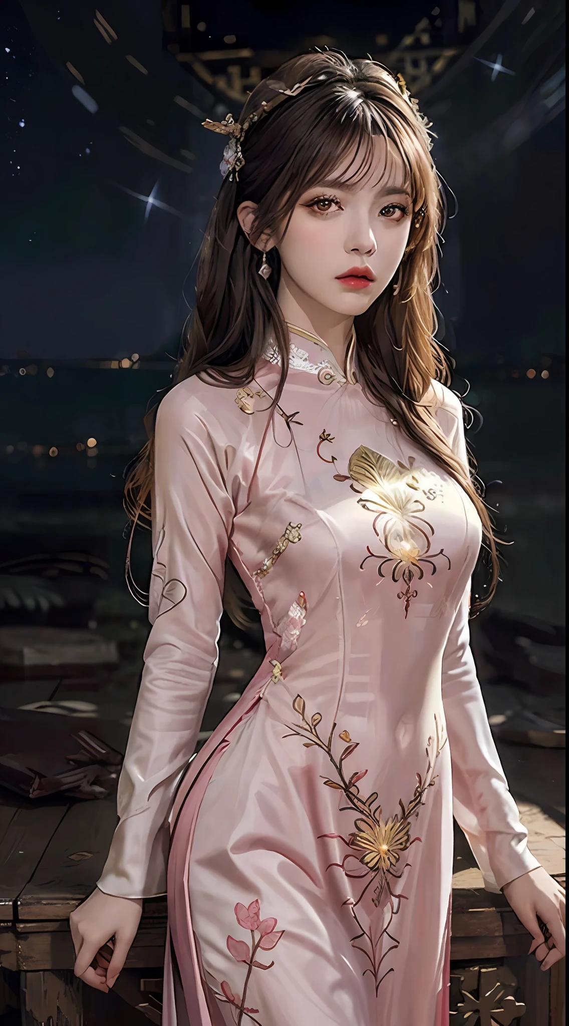 1 27-year-old girl, 1 zodiac goddess from the future, goddess of the pink and purple 12 zodiacs, the goddess of the zodiac in a yellow ao dai, a 12 zodiac ao dai with many black lace detail, mythology Goddess of the 12 zodiacs from the future, zodiac ♏, luxurious glittering zodiac style, dark and mysterious version, zodiac crown, lipstick lips red, thin and beautiful lips, mouth closed, characters made by karol bak and pino daeni, intricate detail, detailed background, extremely detailed, light magic, a woman, clear face, hair long with bangs, beautiful face in detail and well-proportioned eyes, (transparent yellow eyes: 1.8), big round eyes and very beautiful and detailed makeup, foresight, silk dress, mysterious makeup , double bangs and dyed light blonde , upper half portrait, zodiac goddess portrait, arms hanging loosely, Realistic and vivid photo, (stars make up the zodiac: 1.7), (sky background zodiac and fictitious space and time portal: 1.8), fiction art, RAW photo, hanfu picture, best photo, best photo quality, 8k quality, 8k ultra, super realistic, real photo most economical, the goddess poses sexy and seductive,