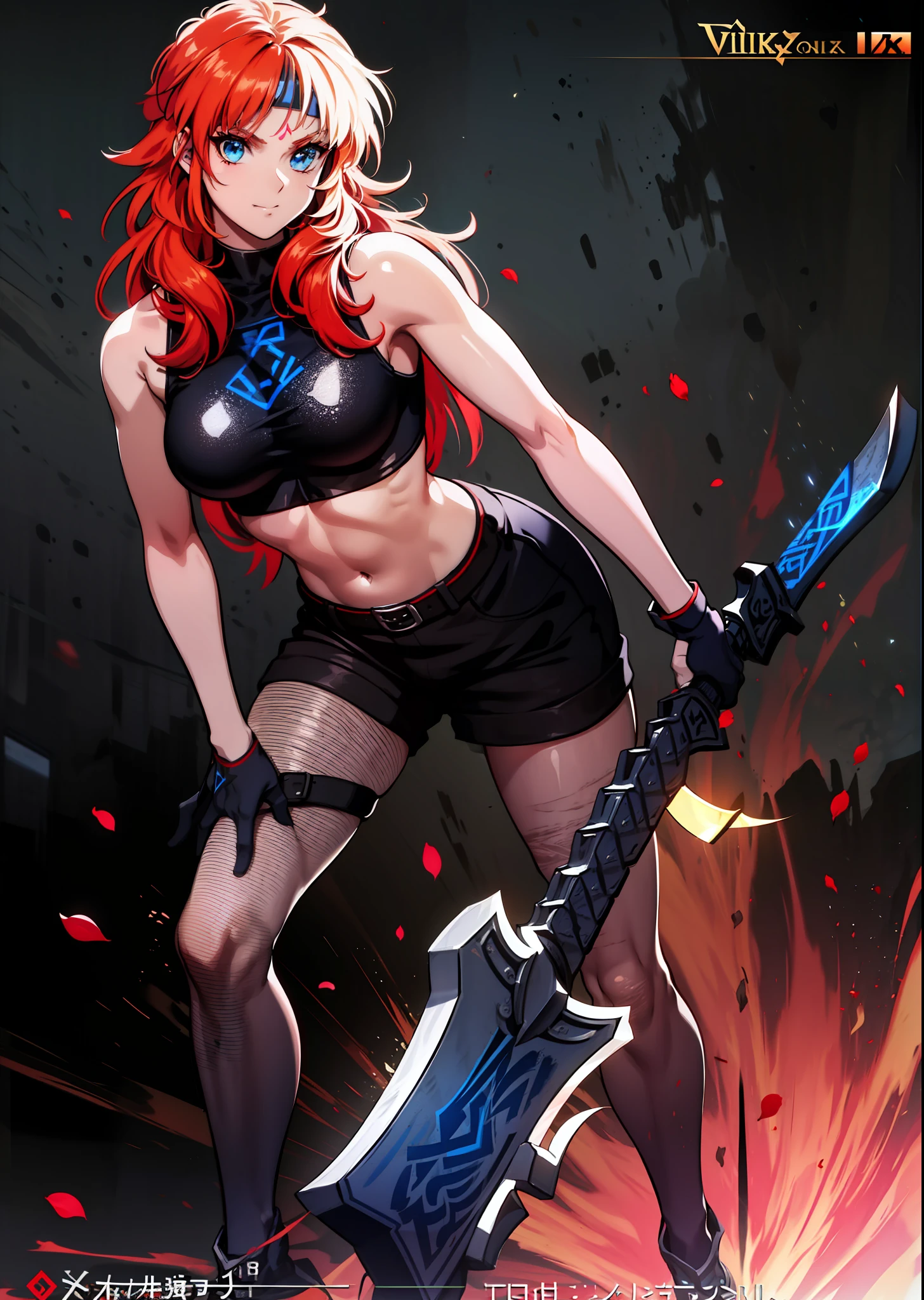 Red-haired Viking warrior with Nordic armor and rune tattoos on her body and blooming blue eyes holding an axe,with gorgeous red hair4k