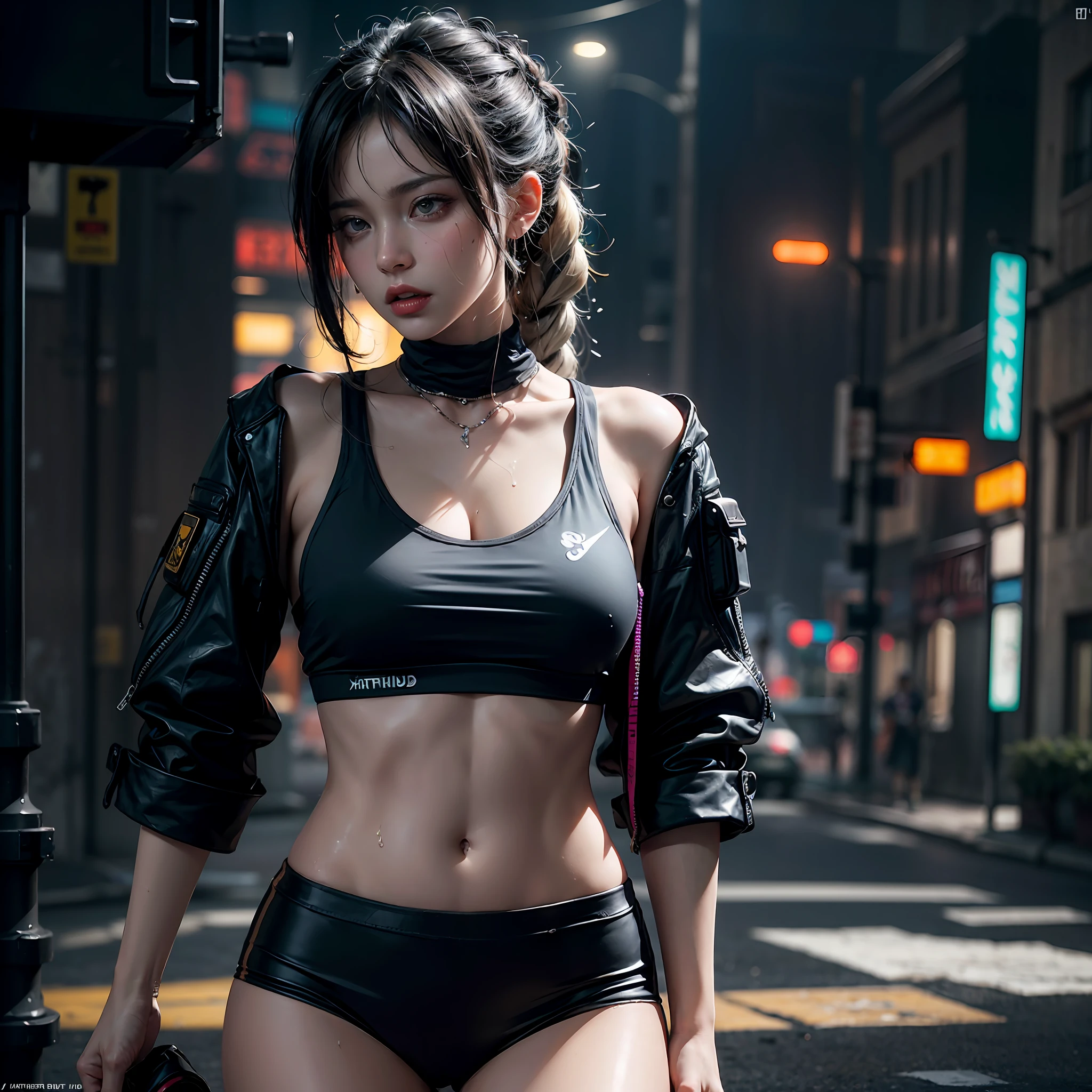 Athletic sexy princess, street angry, cyberpunk, epic realistic, photo, faded, complex stuff around, intricate background, soaking wet, neutral colors, ((((hdr)))), ((((muted colors)))), intricate scene, artstation, intricate details, vignette
