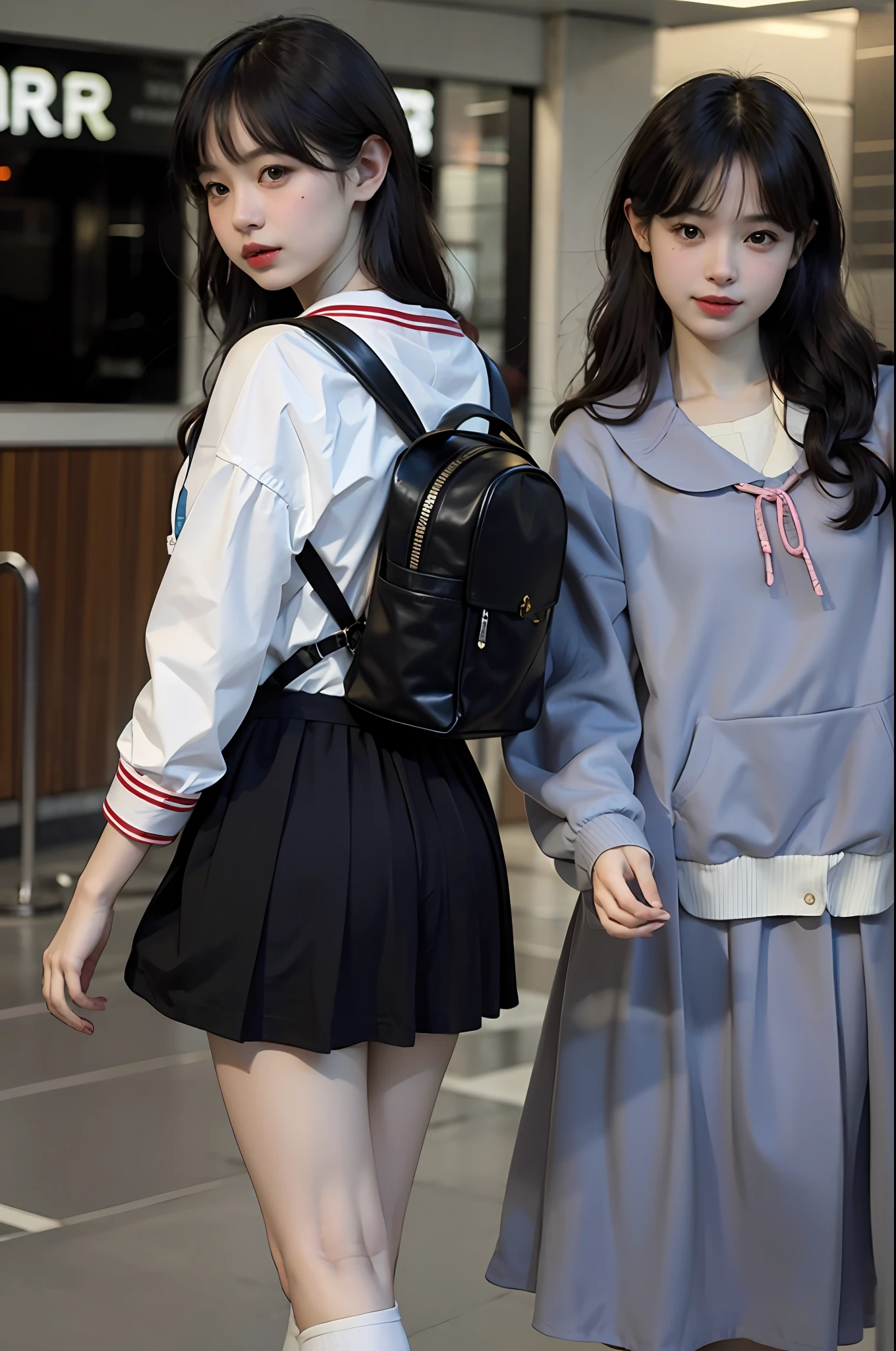 (8k, best quality, masterpiece: 1.2), (realistic, realistic, photorealistic: 1.37), 1 girl, hyper detail, beautiful detail eyes, beautiful detail nose, (((1girls))), twin girls, sailor suit, pleated short skirt, 7 minutes, subway station, walking posture, (((turn back to look back))), carrying a school bag 🎒