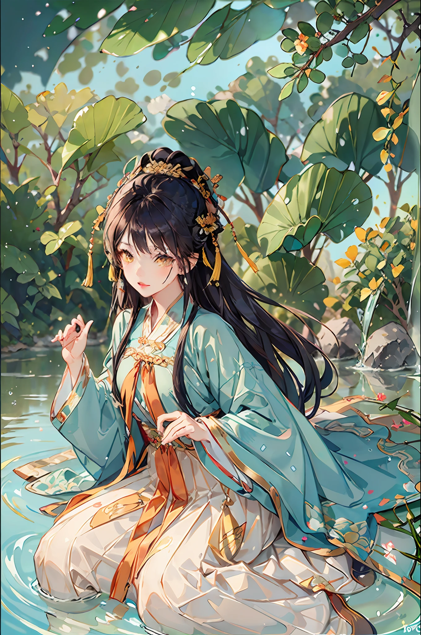 best quality, intricate details, highres,(beautiful detailed water:1.4),(hanfu, tang style),yellow eyes,(1girl in glass jar:1.1),
