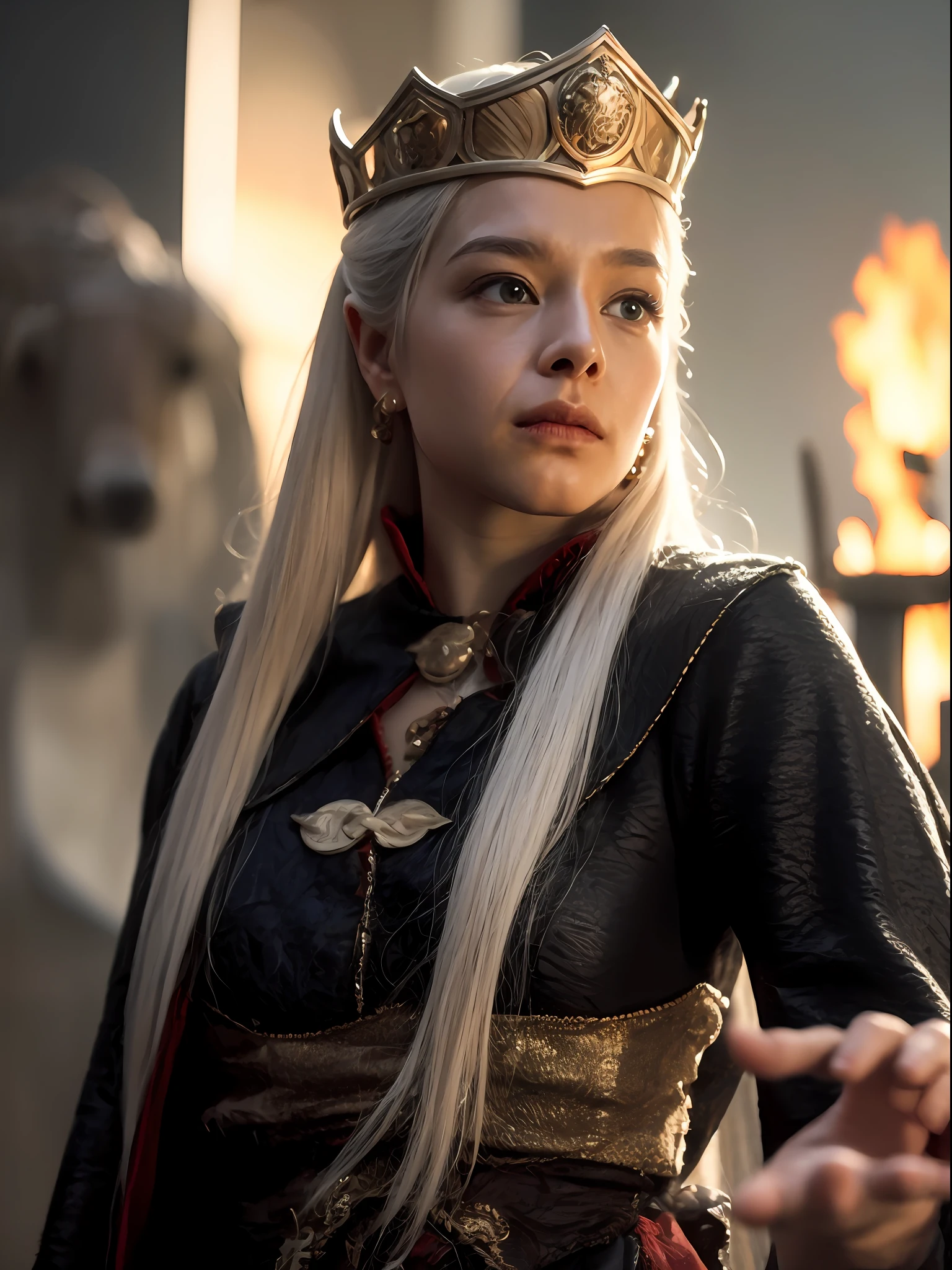 Photo-realistic, Cinematic poster of Queen HaenyraTargaryen in Epic Pose wearing a crown. in the background a great dragon, flames, fire, use the face of HaenyraTargaryen, Haenyra Targaryen. super detail, ccurate, best quality, UHD, 8k, masterpiece, anatomically correct, textured leather, super detail, high details, high quality, Photo-realistic, raw, kodak, vibrant colors.