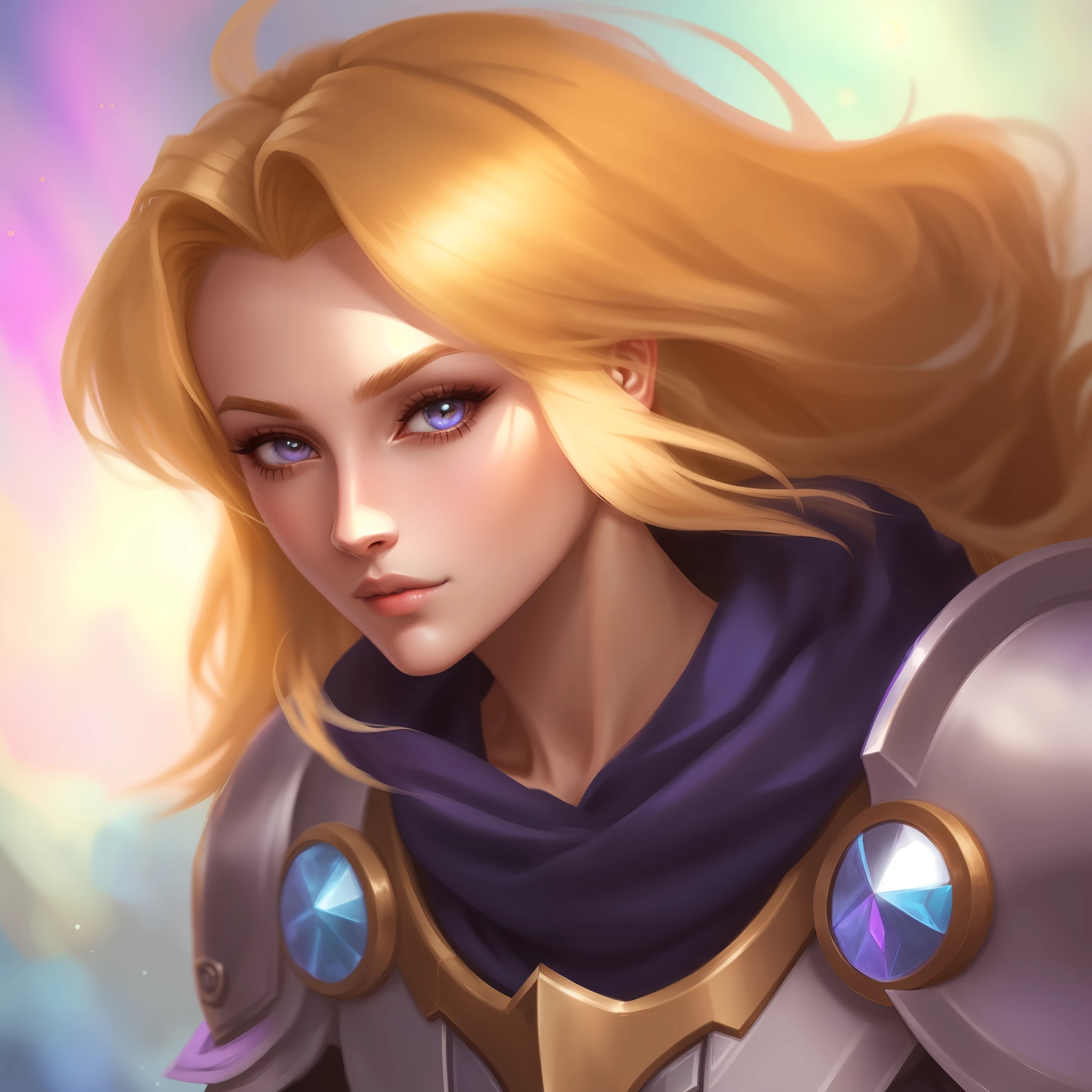 a close up of a woman with blonde hair wearing a purple scarf, portrait knights of zodiac girl, knights of zodiac girl, portrait of female paladin, jaina proudmoore, portrait knight female, lux from league of legends, extremely detailed artgerm, orianna, gorgeous female paladin, heartstone original art style, artgerm portrait