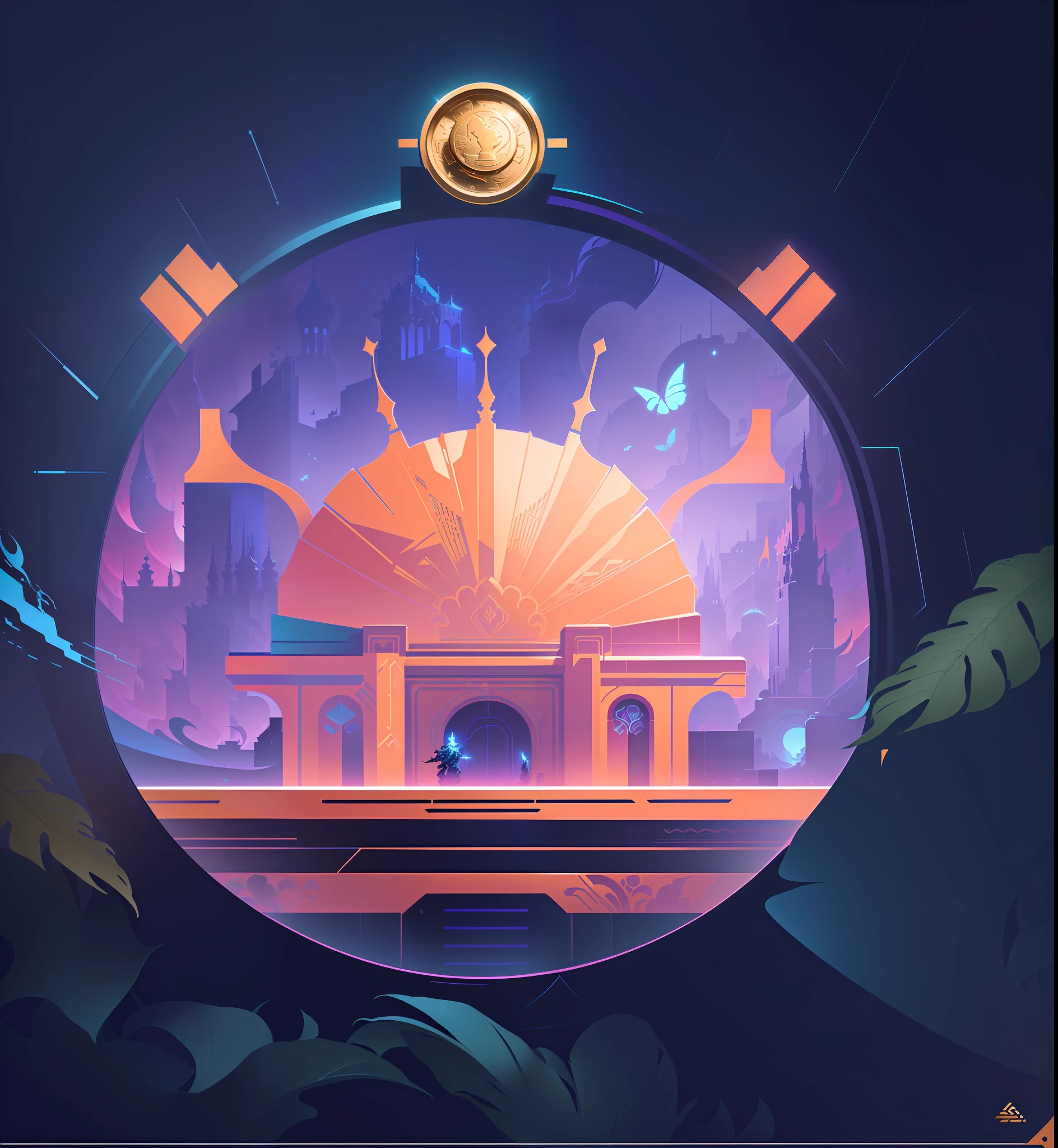 Poster of building with gold coins, bank background, palace background, very coherent stylized artwork, gorgeous border + concept art, Jen Bartel, independent craft aesthetics, card art, beeple everyday art, concept illustration, James Gilead artwork, background art, concept illustration, game illustration, symmetry!! Conceptual art in the Bipple style