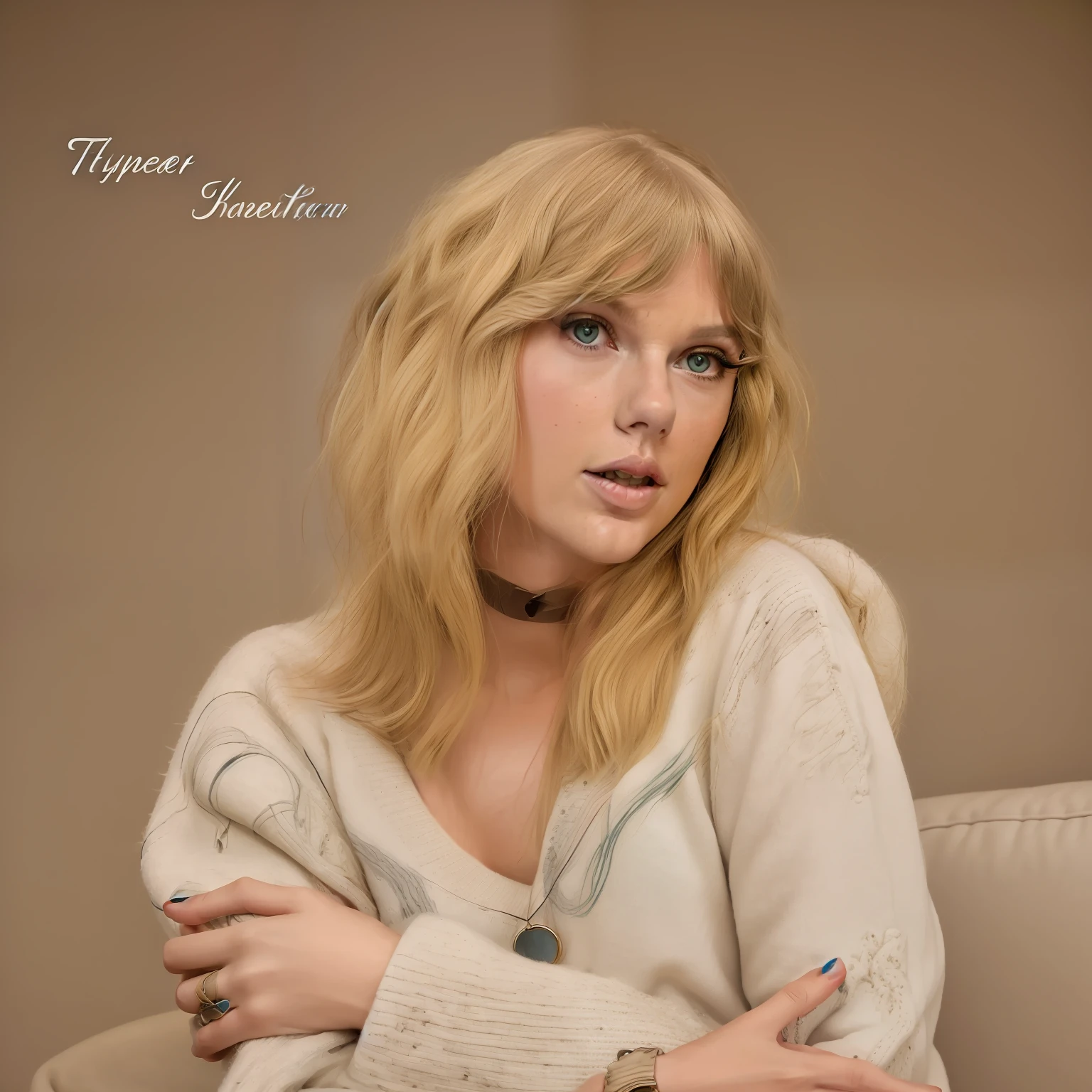 TAYLOR SWIFT Blonde woman with blue eyes and a white sweater sitting on a couch, ((TAYLOR SWIFT)), official art, blonde hair and big eyes, alternate album cover, huge eyes, magic eyes, album cover!, 2018, TAYLOR SWIFT, 2 0 1 8, hair over eyes, full image, hyperrealism", promotional image