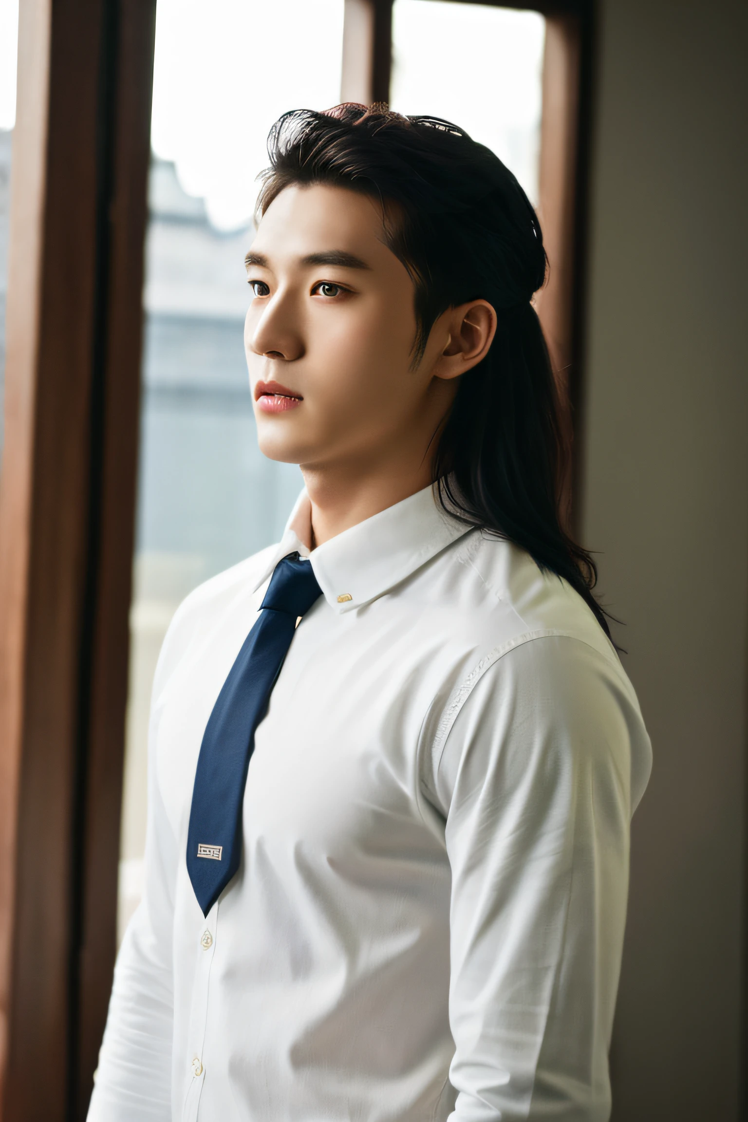 1man, a 25-year-old muscular man, wears a long-sleeved white shirt and tie, bodice, soft lighting, masterpiece, best quality, 8k ultra HD, DSLR camera, film grain, Midjourney and greg rutkowski's Fujifilm XT3 realistic painting art