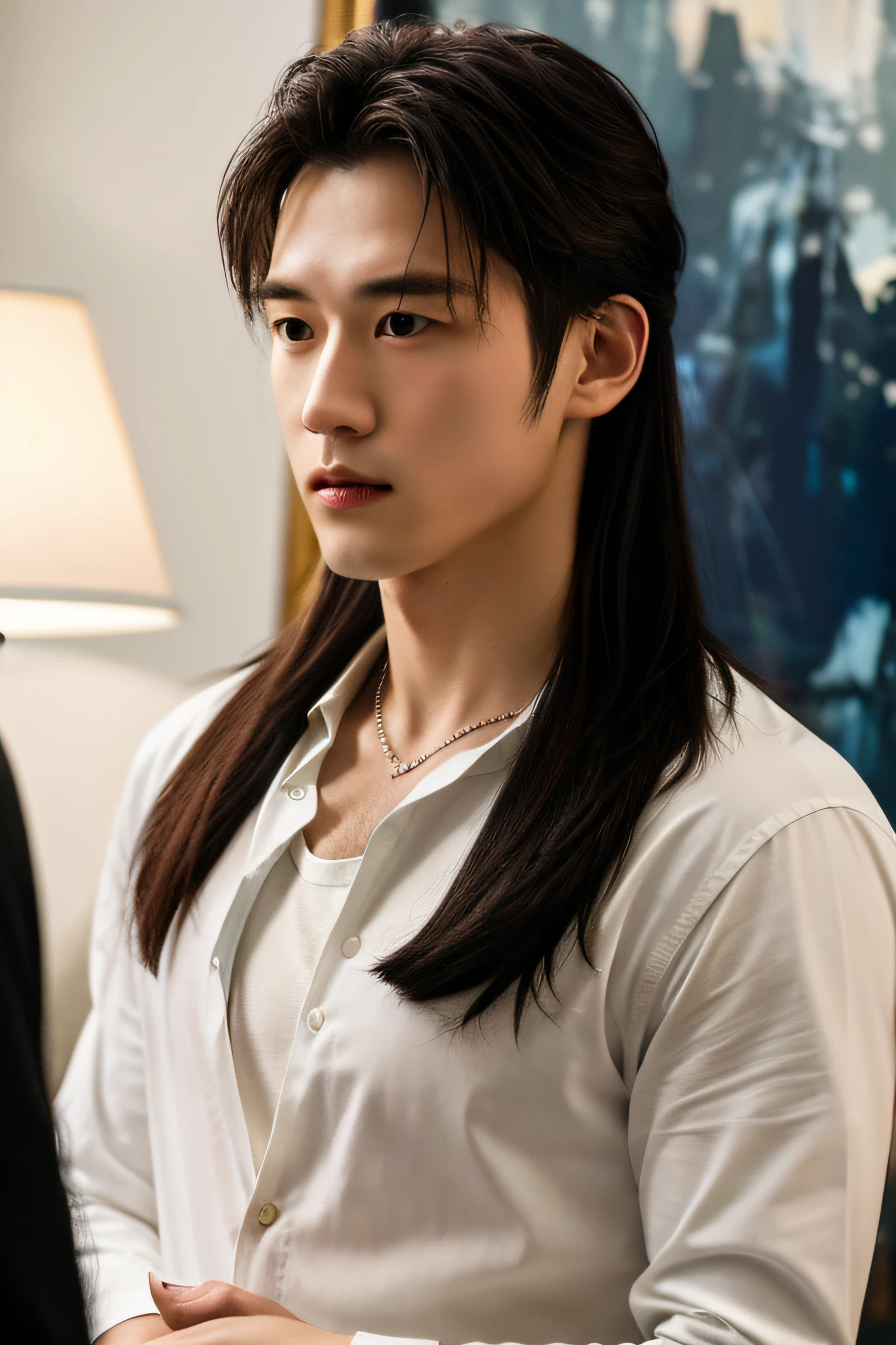 1man, a 25-year-old muscular man, wears a long-sleeved white shirt and tie, bodice, soft lighting, masterpiece, best quality, 8k ultra HD, DSLR camera, film grain, Midjourney and greg rutkowski's Fujifilm XT3 realistic painting art