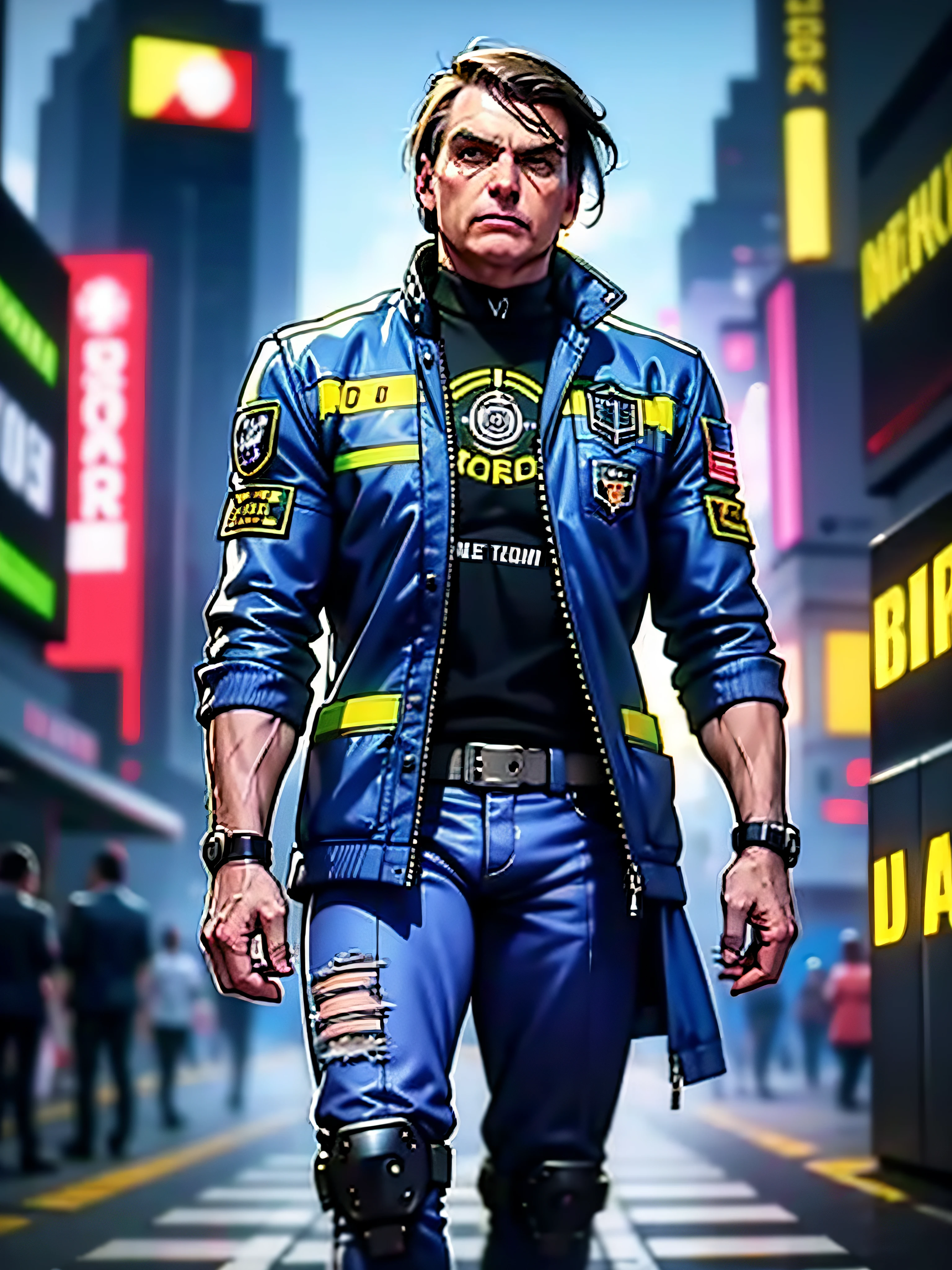 Jair Messias Bolsonaro cyberpunk, UHD, Ultra detailed, realistic, 50mm, nikon, Cyberpunk, wearing a futuristic jacket, clothes of the future, cyber punk city