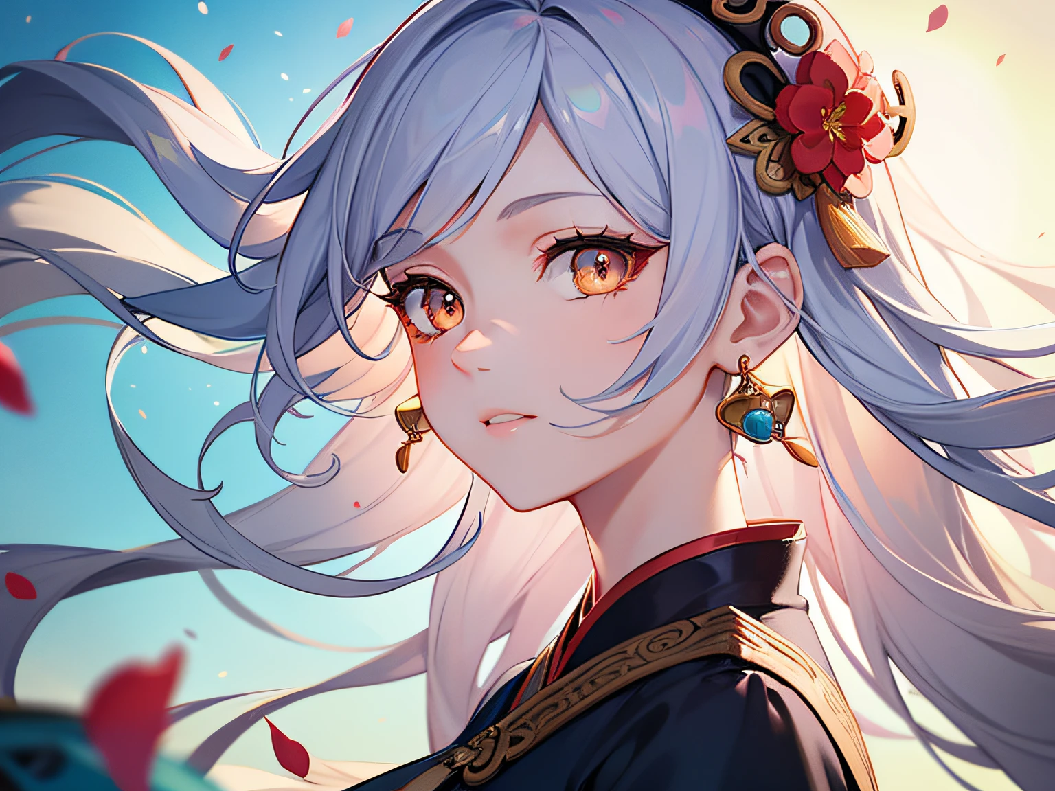 Mature girl, orange eyes, blue-white hair color, floating hair, delicate and flexible eyes, intricate damask hanfu, gorgeous accessories, wearing pearl earrings, fov, f/1.8, masterpiece, ancient Chinese architecture, blue sky, flower petals flying, front portrait shot, Chang'e, side lighting, sunlight on people,