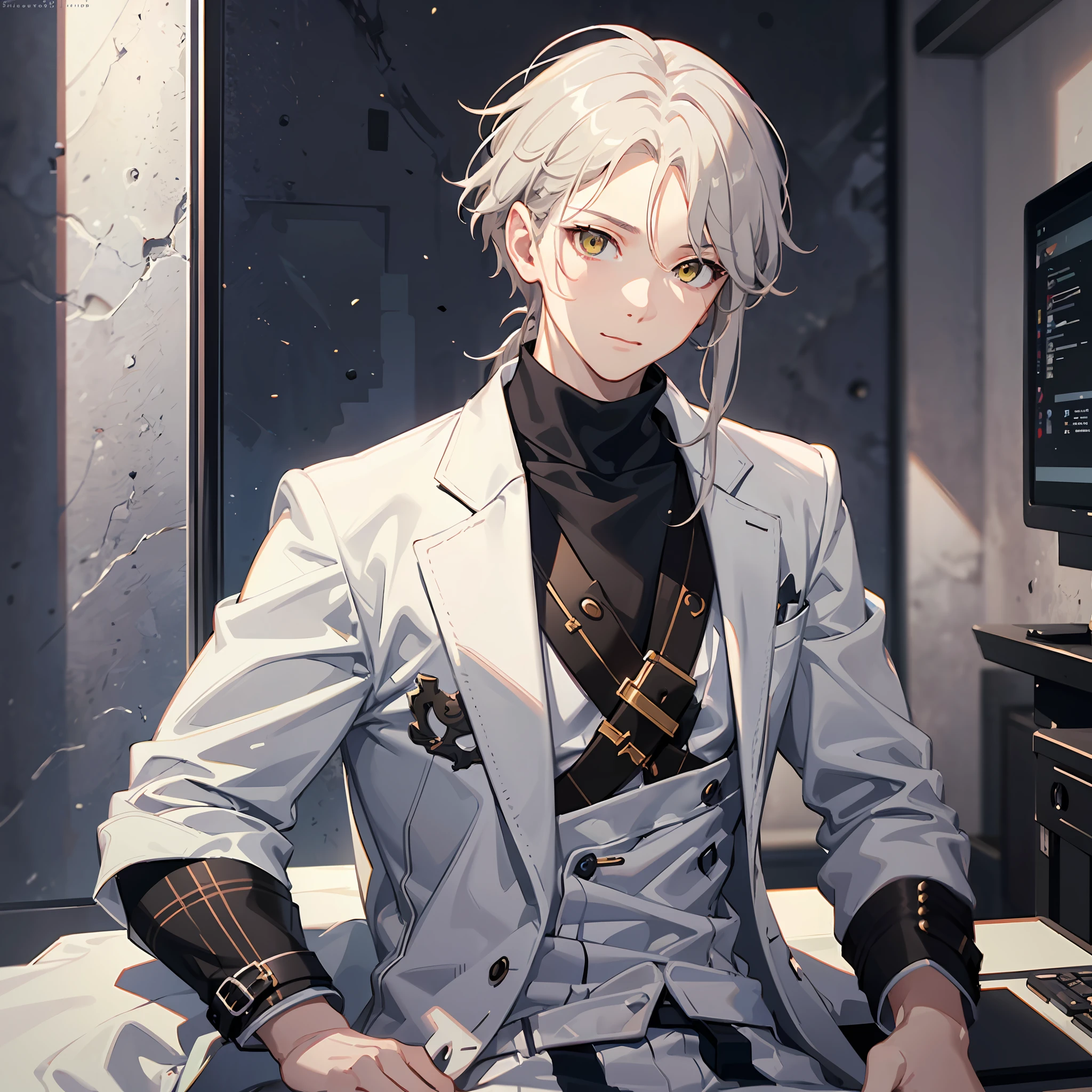 1 boy,  adult, ((man focus)), sharp face, manly face, anime style, solo, ((Best Quality)), ((masterpiece)), (detailed: 1.4), silver hair, low_ponytail, yellow eyes, sharp eyes, handsome, with a white trench coat, noble appearance, black turtleneck shirt, white pants, black boots, elegant appearance, a real gentleman, good face, beautiful eyes, ray tracing, super resolution, Subsurface dispersion, PBR texturing, Anisotropic,Depth of field,Maximum clarity and sharpness,Multilayer textures, Surface shading,Accurate simulation of light-material interaction,Perfect proportions,Octane Render,Two-tone lighting,Wide aperture,Low ISO,White balance,Rule of thirds