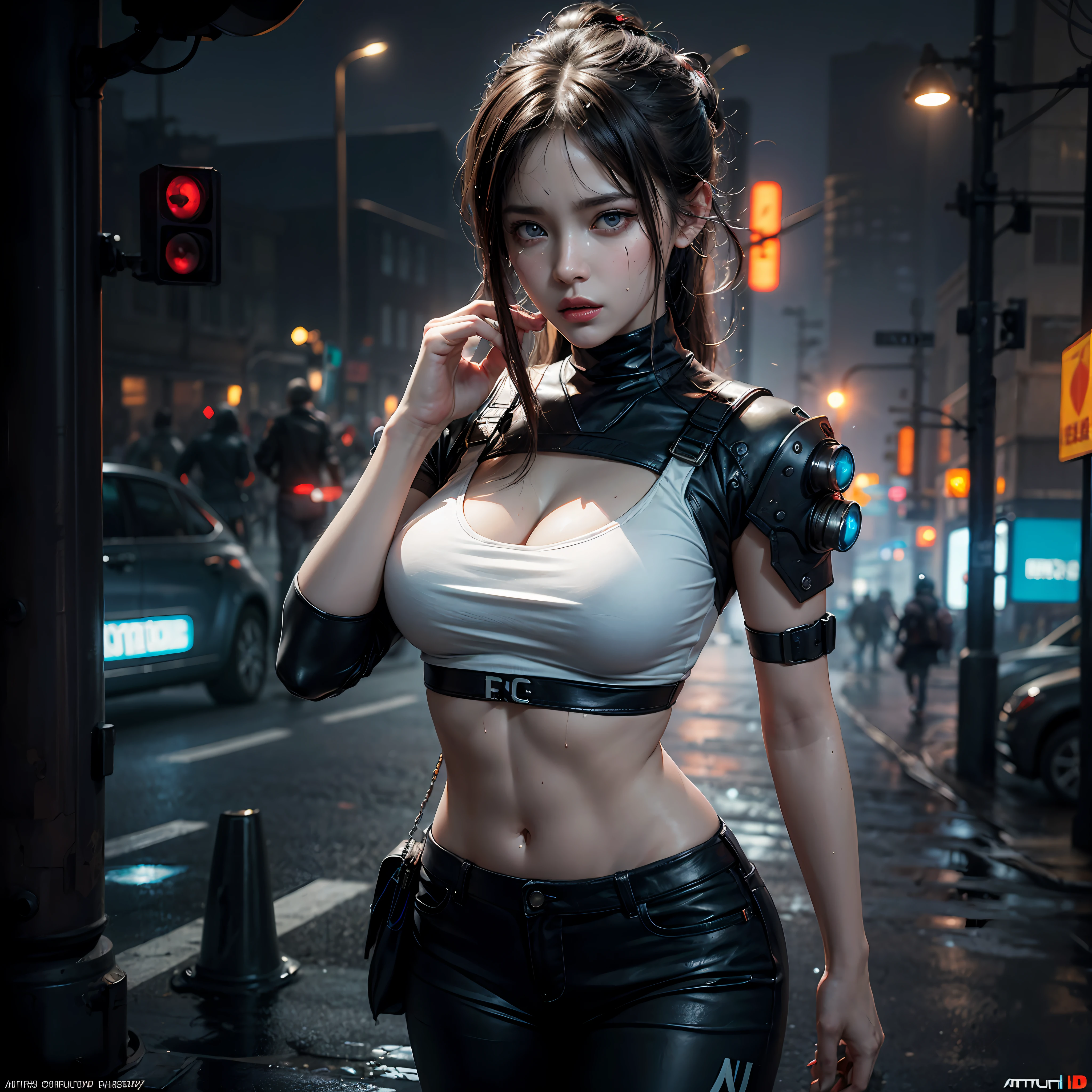 Athletic sexy princess, street angry, cyberpunk, epic realistic, photo, faded, complex stuff around, intricate background, soaking wet, neutral colors, ((((hdr)))), ((((muted colors)))), intricate scene, artstation, intricate details, vignette
