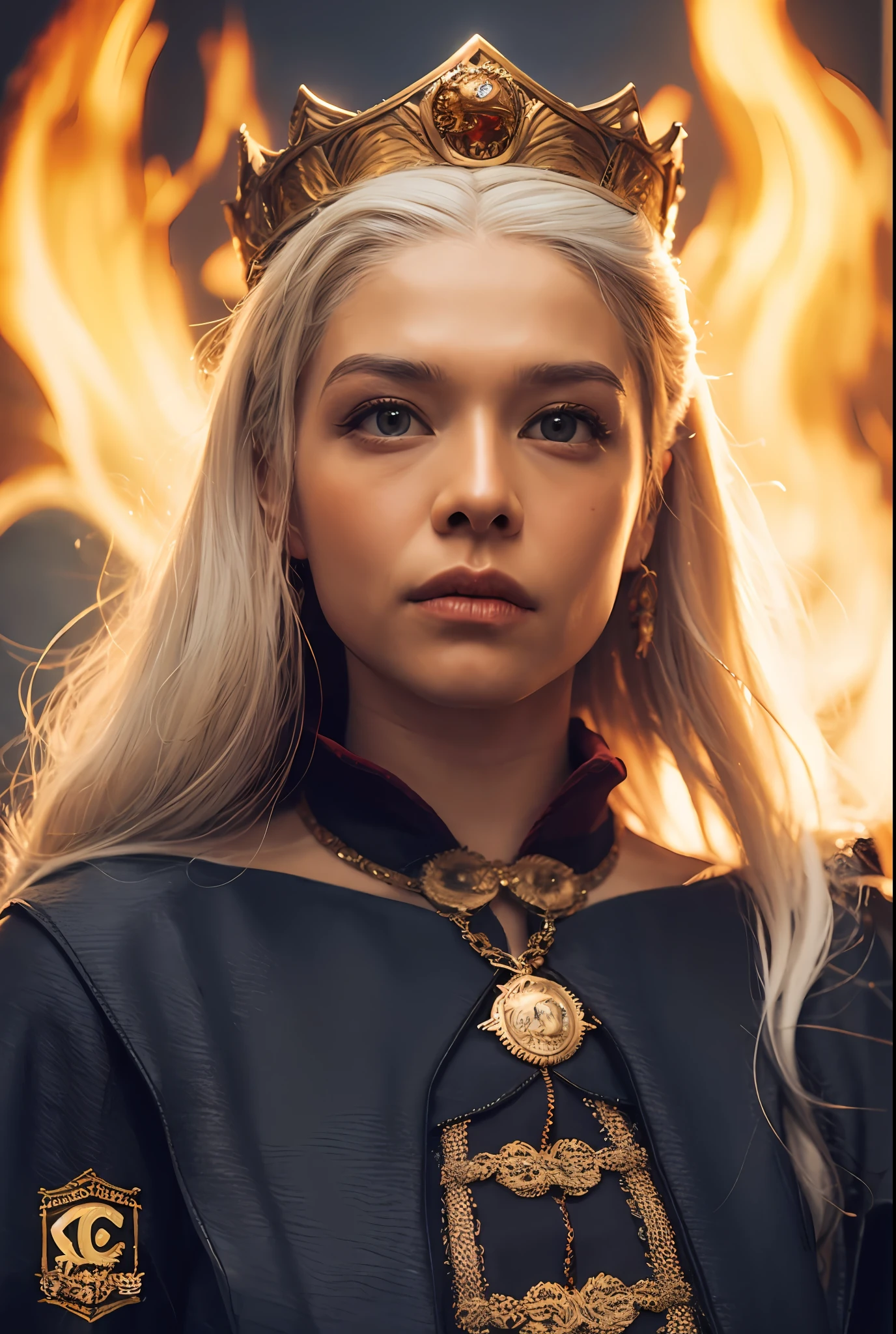 Photo-realistic, Cinematic poster of Queen HaenyraTargaryen in Epic Pose wearing a crown. in the background a great dragon, flames, fire, use the face of HaenyraTargaryen, Haenyra Targaryen. super detail, ccurate, best quality, UHD, 8k, masterpiece, anatomically correct, textured leather, super detail, high details, high quality, Photo-realistic, raw, kodak.