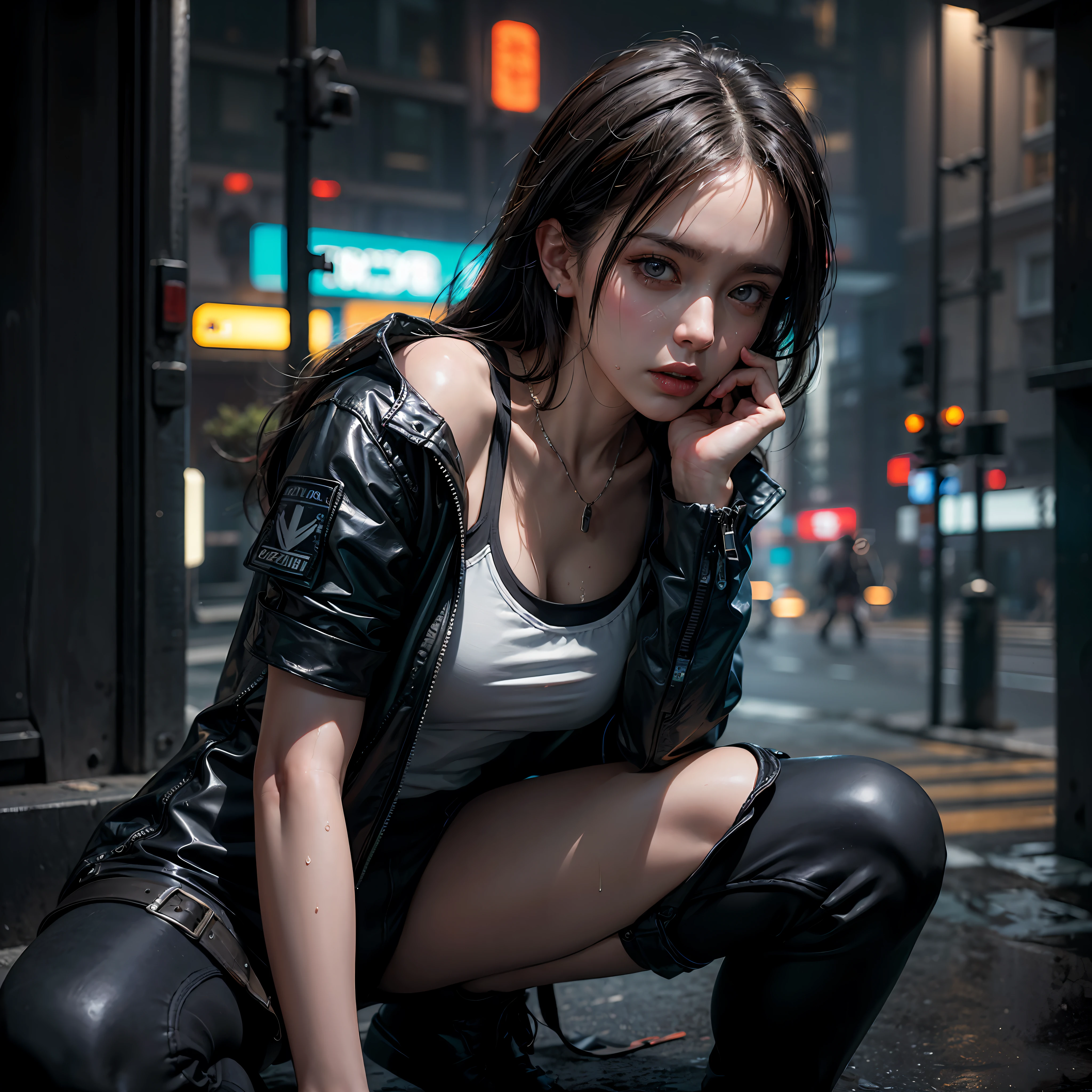 Athletic sexy princess, street angry, cyberpunk, epic realistic, photo, faded, complex stuff around, intricate background, soaking wet, neutral colors, ((((hdr)))), ((((muted colors)))), intricate scene, artstation, intricate details, vignette
