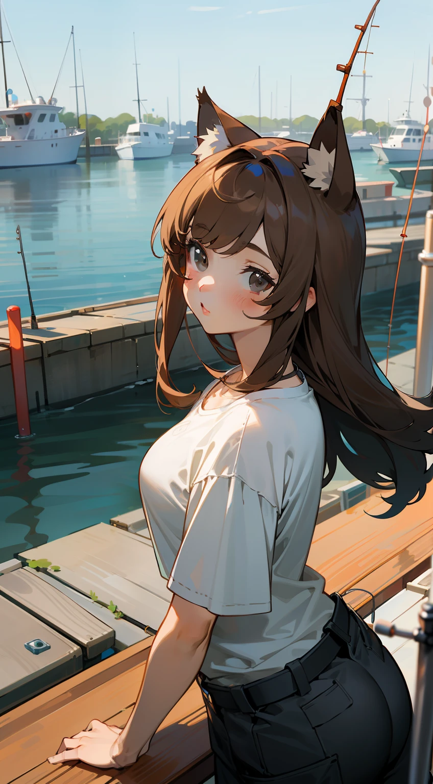 ((Masterpiece)), (Best quality)), Illustration, One girl, Hair color, Bangs, Hairstyle fax, Portrait from waist up, ((Beautiful breasts)), Cat ears, Baggy T-shirt, , Cargo pants, Girl, Dull long brown hair, Grey eyes, Ponytel, Fishing figure in the harbor, Breakwater, Fishing, Lazy atmosphere, Fishing lover, Limp fishing rod,