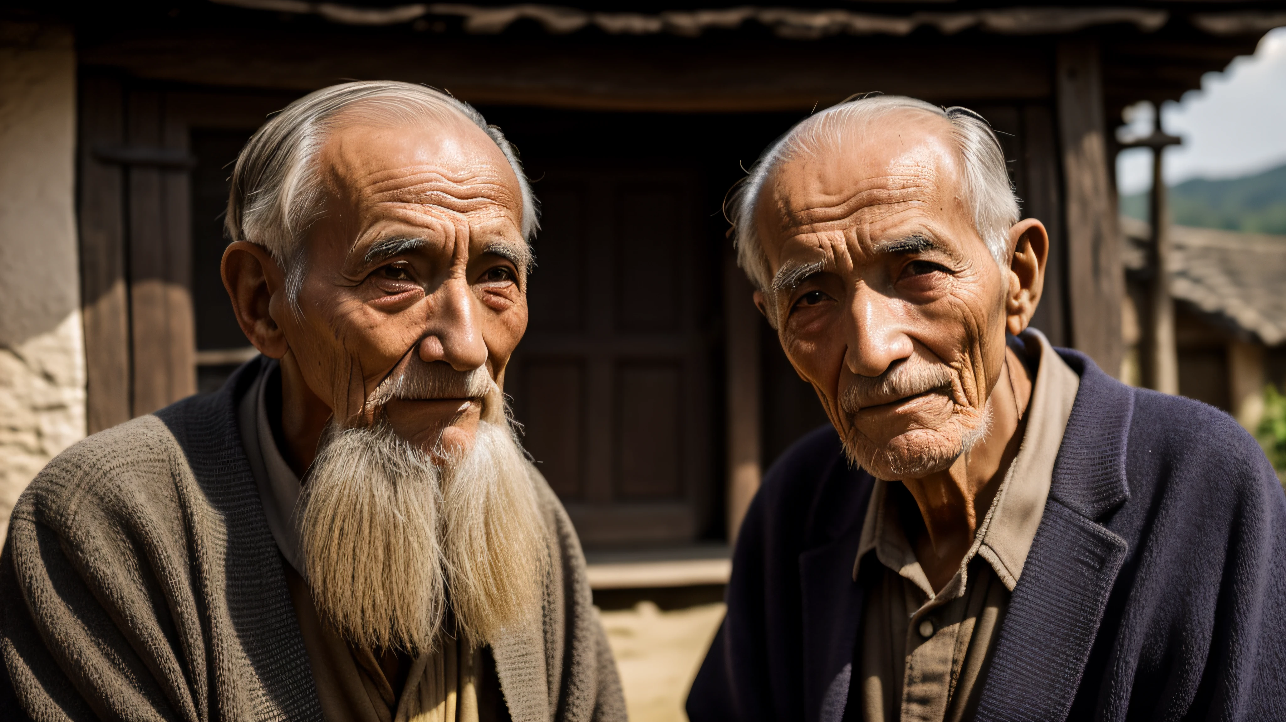 A weather-beaten and wise old Chinese man, with long gray hair, a beard, a thin figure, a kind face, and bright eyes, sitting cross-legged on the grass, with a blurred forest in the background, and a dark light, in the evening --auto