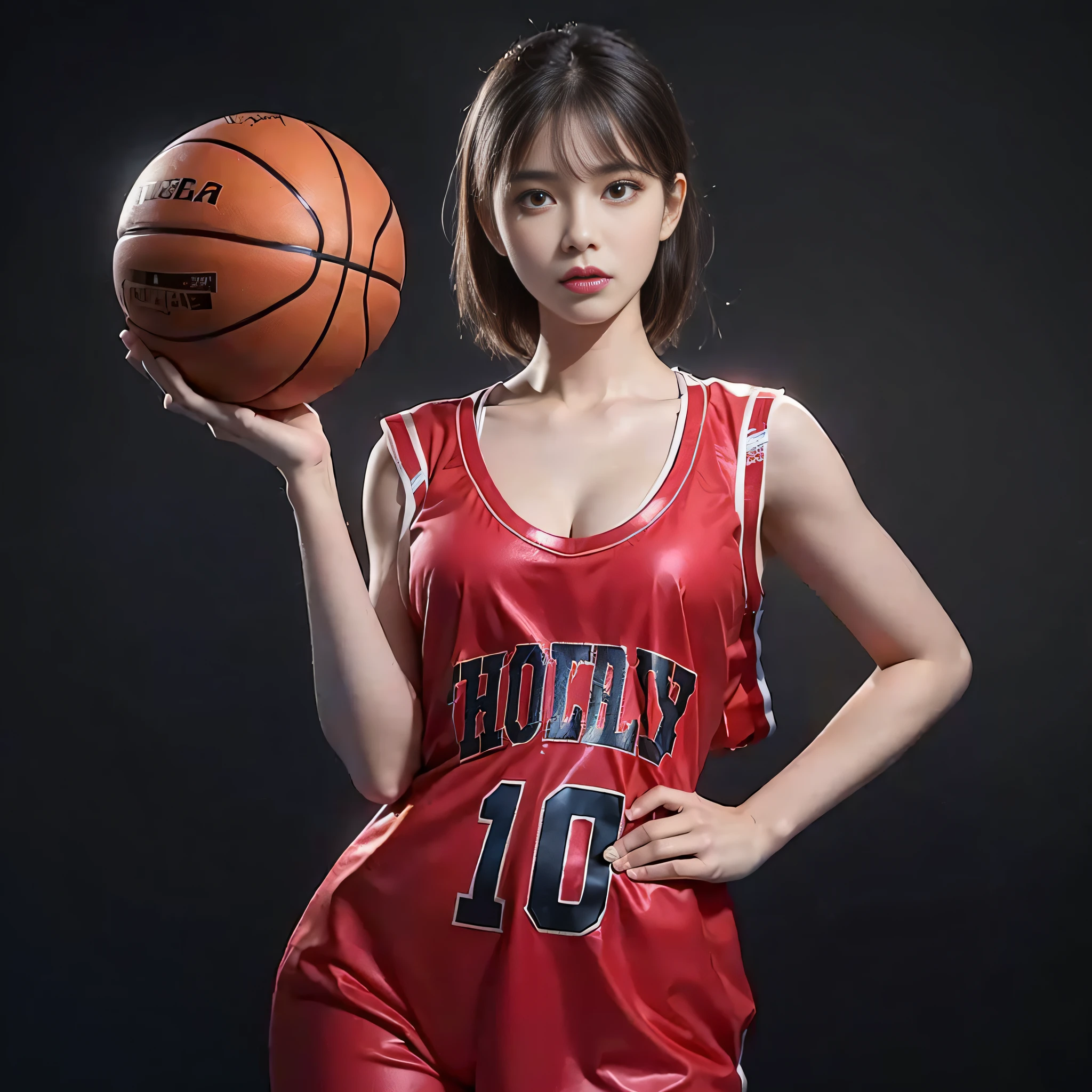 hiqcgbody, high detail RAW color photo, ((basketball suit)) bodybuilding physique, (elegant, beautiful face), (skin detail), (oil: 0.6), (Tesla coil: 0.4), soft light, (side light: 0.8), shadow projection, deep focus, shot with Leica 10772 MP, 85mm macro lens, F/8 aperture, film still image, model (office ol, sexy), (extremely detailed face) (very detailed and expressive eyes), (((small_breasts, delicate large, exposed breasts, exhibitionism))), revealing clothes, basketball,