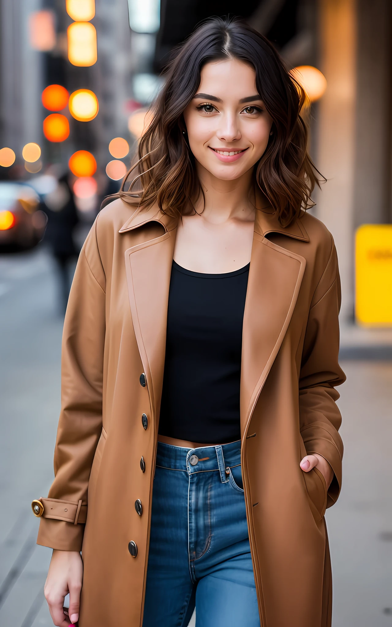 beautiful brunette, woman in brown coat standing on the sidewalk in the city with lights, sophisticated young woman wearing a brown leather coat, woman is in a trenchcoat, attractive woman, photo of a woman, woman in business suit, well-lit professional photo, wearing an extravagant jacket, brown jacket, mid-shot portrait of a gorgeous, 60mm portrait, wearing a long coatyellow sweater (taking cammmmm, very detailed, 21 years, innocent face, natural wavy hair, blue eyes, high resolution, masterpiece, best quality, intricate details, highly detailed, sharp focus, detailed skin, realistic skin texture, texture, detailed eyes, professional, 4k, charming smile, shot on Canon, 85mm, shallow depth of field, kodak vision color, perfect fit body, extremely detailed, foto_\(ultra\), photorealistic, realistic, post-processing, maximum detail, roughness, real life, ultra realistic, photorealism, photography, 8k uhd, photography