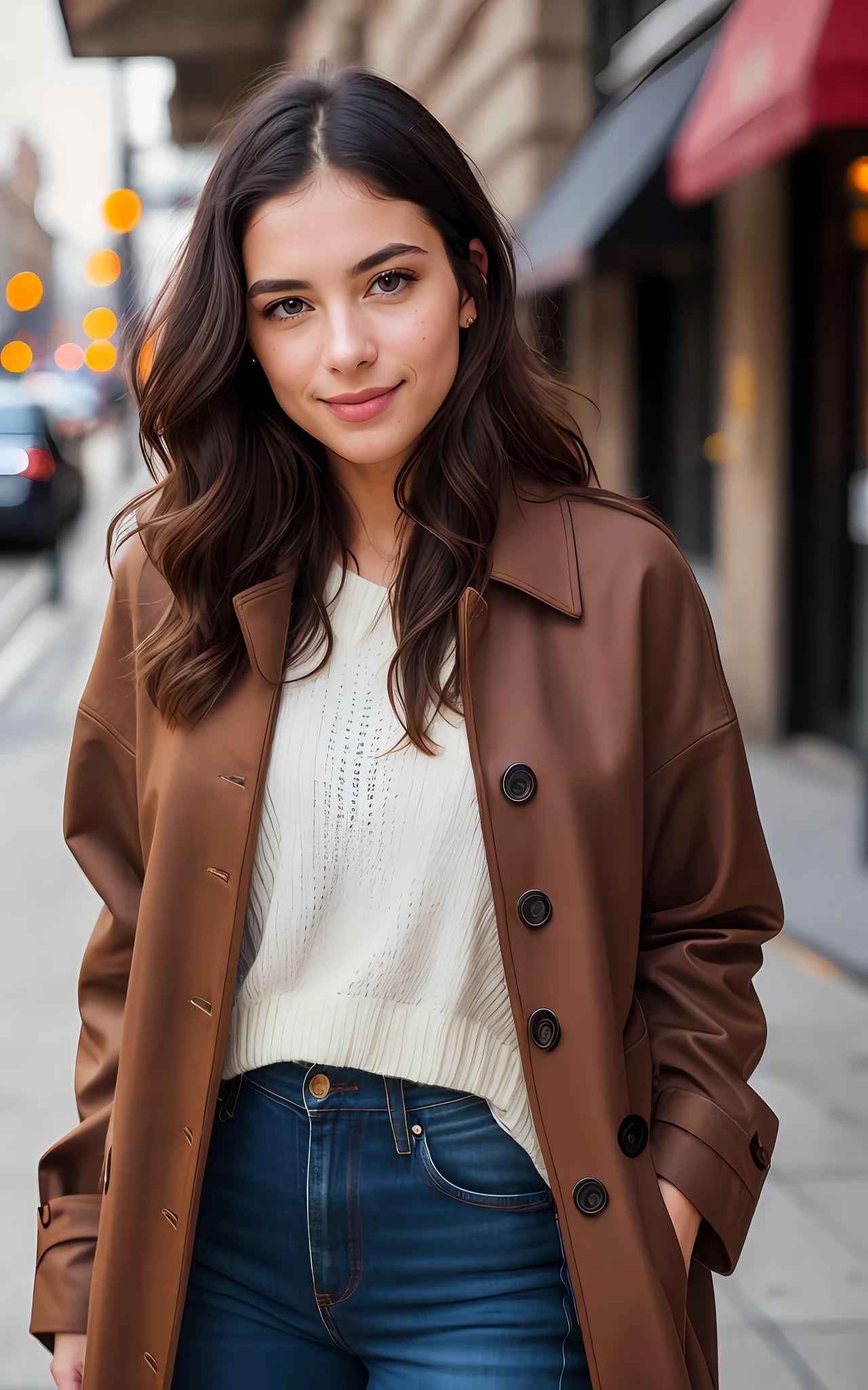 beautiful brunette, woman in brown coat standing on the sidewalk in the city with lights, sophisticated young woman wearing a brown leather coat, woman is in a trenchcoat, attractive woman, photo of a woman, woman in business suit, well-lit professional photo, wearing an extravagant jacket, brown jacket, mid-shot portrait of a gorgeous, 60mm portrait, wearing a long coatyellow sweater (taking cammmmm, very detailed, 21 years, innocent face, natural wavy hair, blue eyes, high resolution, masterpiece, best quality, intricate details, highly detailed, sharp focus, detailed skin, realistic skin texture, texture, detailed eyes, professional, 4k, charming smile, shot on Canon, 85mm, shallow depth of field, kodak vision color, perfect fit body, extremely detailed, foto_\(ultra\), photorealistic, realistic, post-processing, maximum detail, roughness, real life, ultra realistic, photorealism, photography, 8k uhd, photography