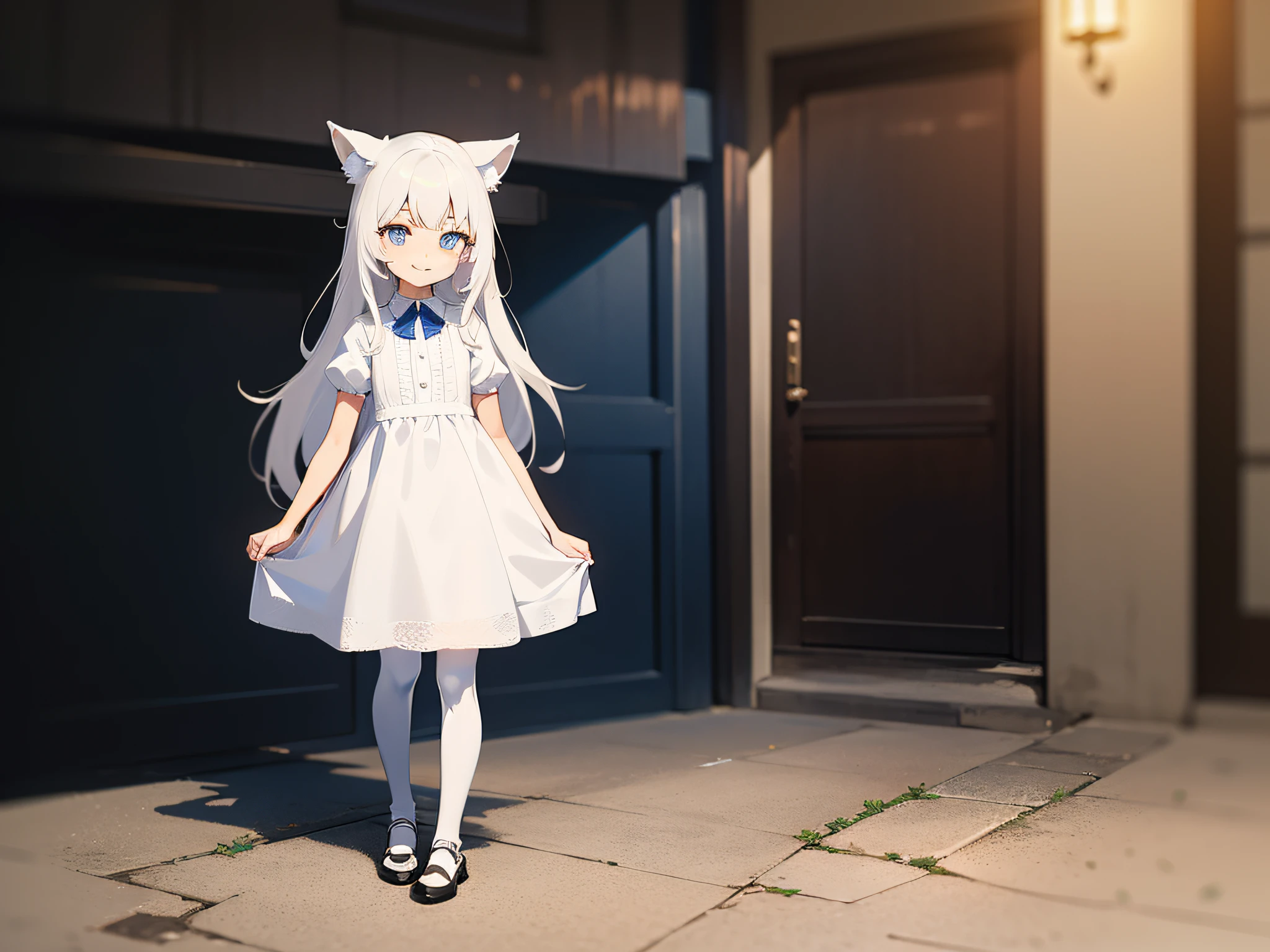 134 cm tall, blue and white pupils, head with wolf ears, small short hands, small hands white tender, cheerful white long hair 7-year-old loli wearing a pure white dress, white stockings. She was standing alone and smiling. Full body photo.