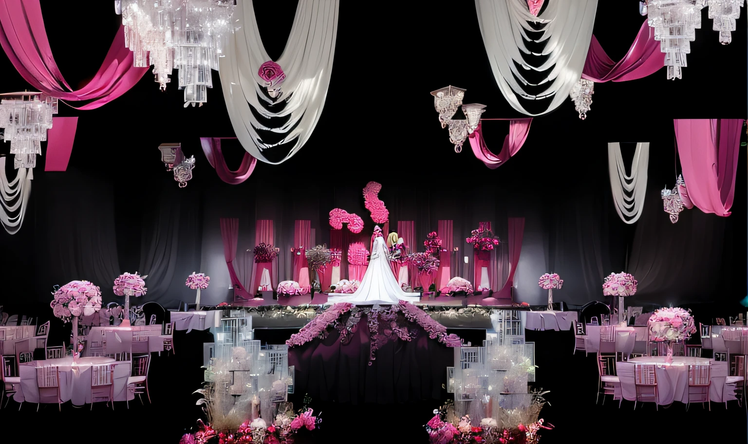 arafed image of a wedding reception with pink and white decorations, elaborate stage effects, rendering of beauty pageant, wedding, backside of scenography elements, backdrop, in style of 3d render, ballroom background, magenta lighting. fantasy, stunning arcanum backdrop, luxurious wedding, glamorous composition, with screens and silks, ! movie scene, fantasy!!!
