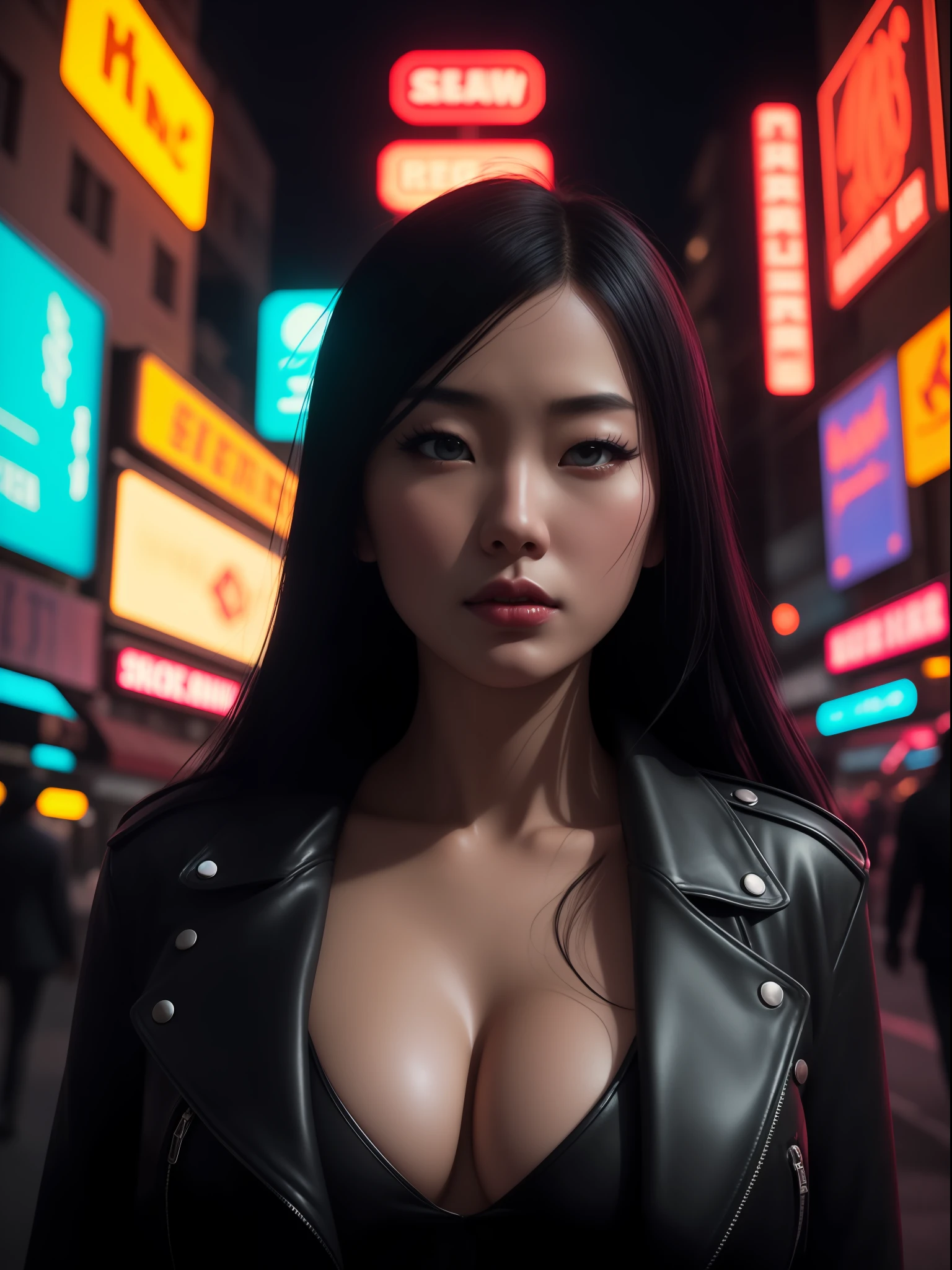 Close-up, a gorgeous Japanese woman with huge breasts in a dystopian city with neon signs and holograms projected onto buildings and the sky, sucking on a strawberry ice cream, lipstick, punk leather clothing, tattoos, long straight black hair, day. cyberpunk aesthetics, action film shot by Kon Satoshi, Semi Impasto style, matte paint, atmospheric, bright, dramatic lighting