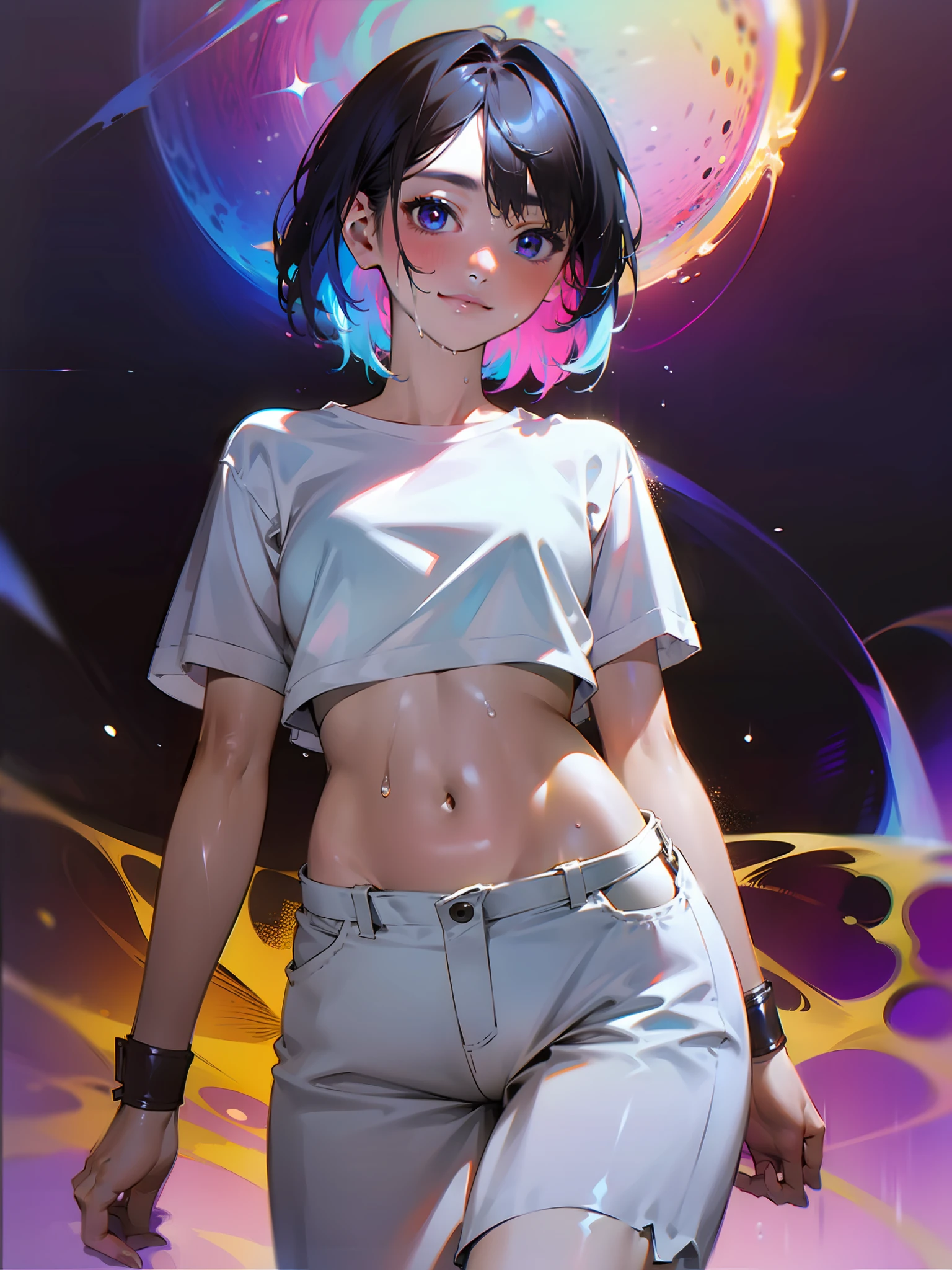 Hi-Res, Super Detail, 1 Girl, Wet White T-Shirt, Hot Pants, Beach, Jumping, Extreme Detail Eyes, Official Art, Beautiful and Aesthetic, 1 Girl, Extreme Detail, Fractal Art, Colorful, Supreme Detail, Dark Short Hair, Odd-Eye