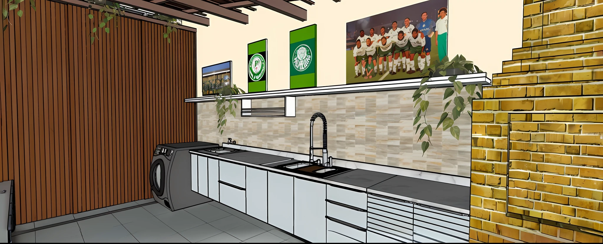 a rendering of a kitchen with a sink and a stove, kitchen, digital rendering, detailed rendering, rendered, pre-rendered, illustrated starbucks interior, set design, d render, high detail render, detailed set design, highly rendered!!, perfect detail, indoor setting, 3d rendering, 3 d rendering, 3 d renders, kitchen counter, inspired by John Keane