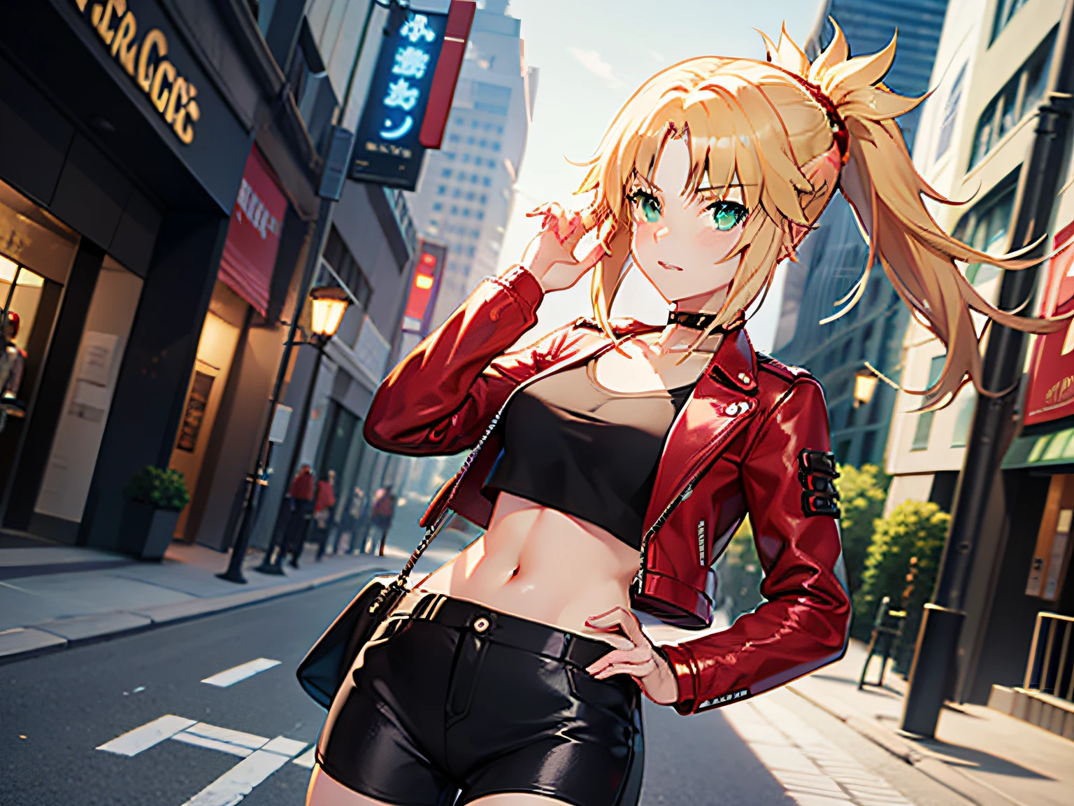 masterpiece, best quality, illustration, city street, 1girl, mordred \(fate\), cowboy shot, skinny, collarbone, detailed blonde hair ponytail braid, green eyes, red leather jacket, white crop top,