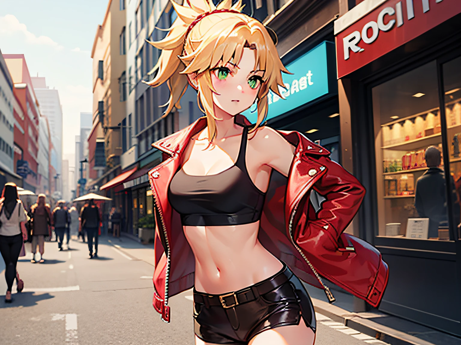 masterpiece, best quality, illustration, city street, 1girl, mordred \(fate\), cowboy shot, skinny, collarbone, detailed blonde hair ponytail braid, green eyes, red leather jacket, white crop top,