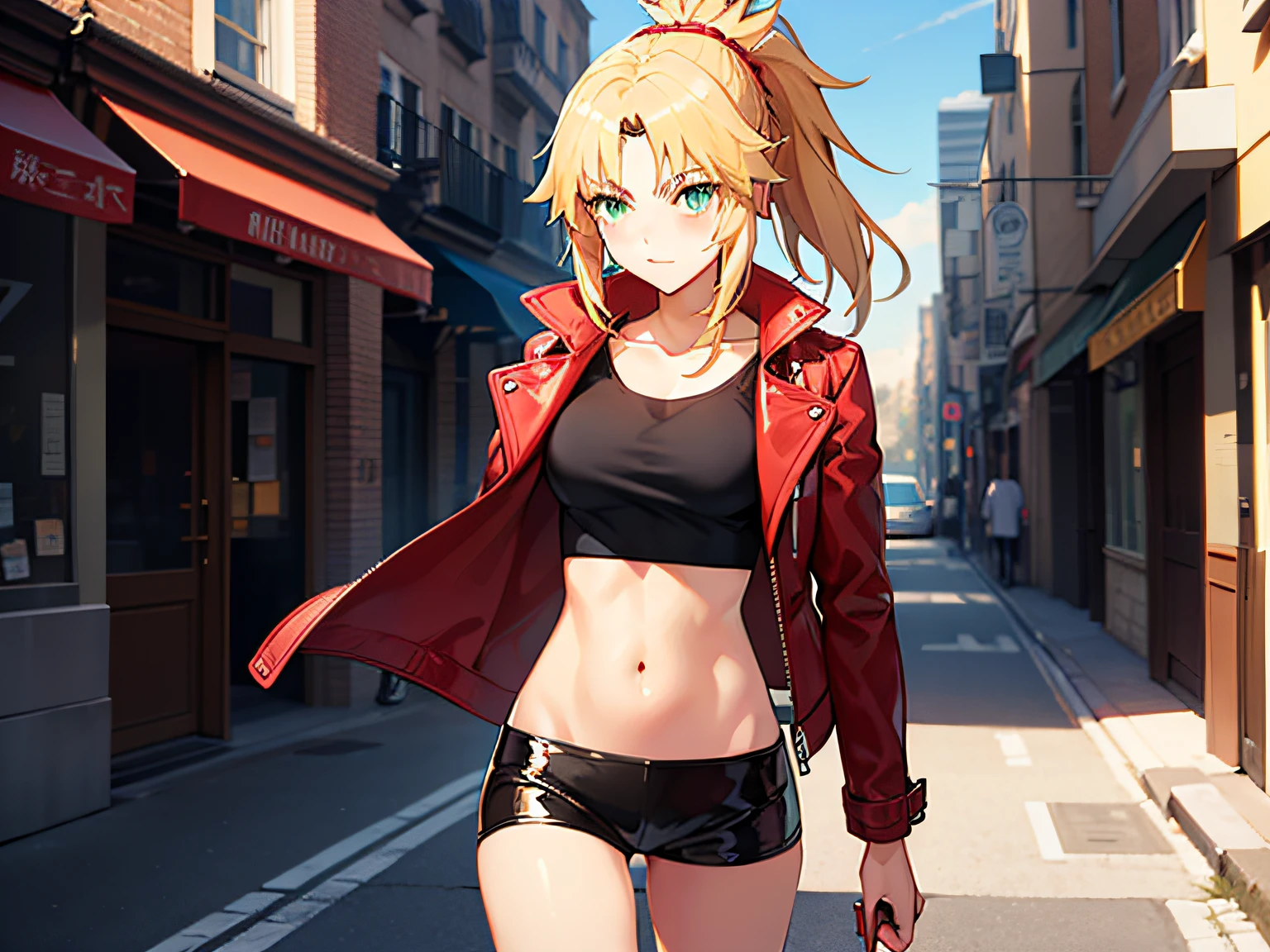 masterpiece, best quality, illustration, city street, 1girl, mordred \(fate\), cowboy shot, skinny, collarbone, detailed blonde hair ponytail braid, green eyes, red leather jacket, white crop top,