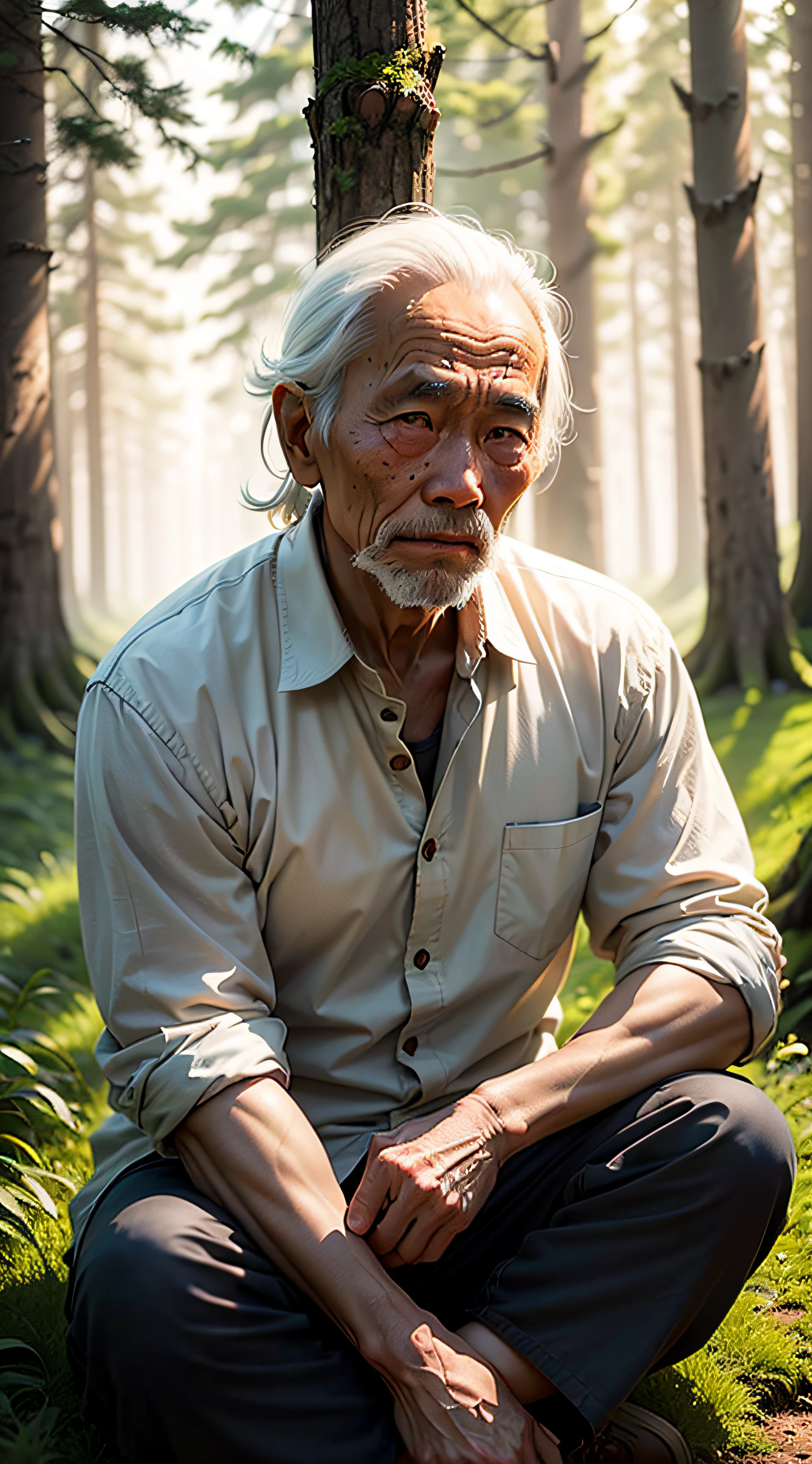 A weather-beaten and wise old Chinese man, with long gray hair, a beard, a thin figure, a kind face, and bright eyes, sitting cross-legged on the grass, with a blurred forest in the background, and a dark light, in the evening --auto