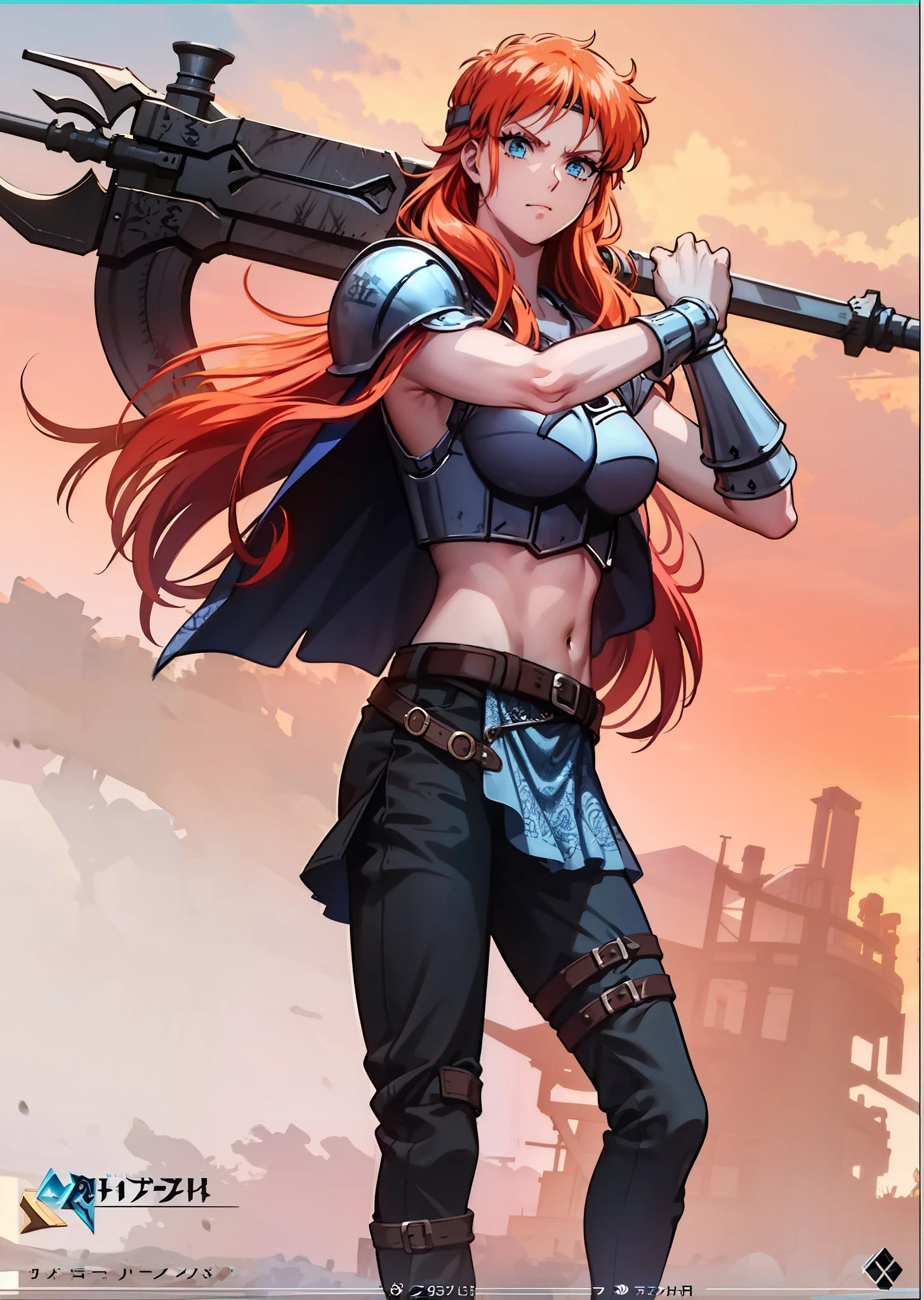 Boadicea, red-haired Viking warrior with Nordic armor and rune tattoos on her body and blooming blue eyes, 4k
