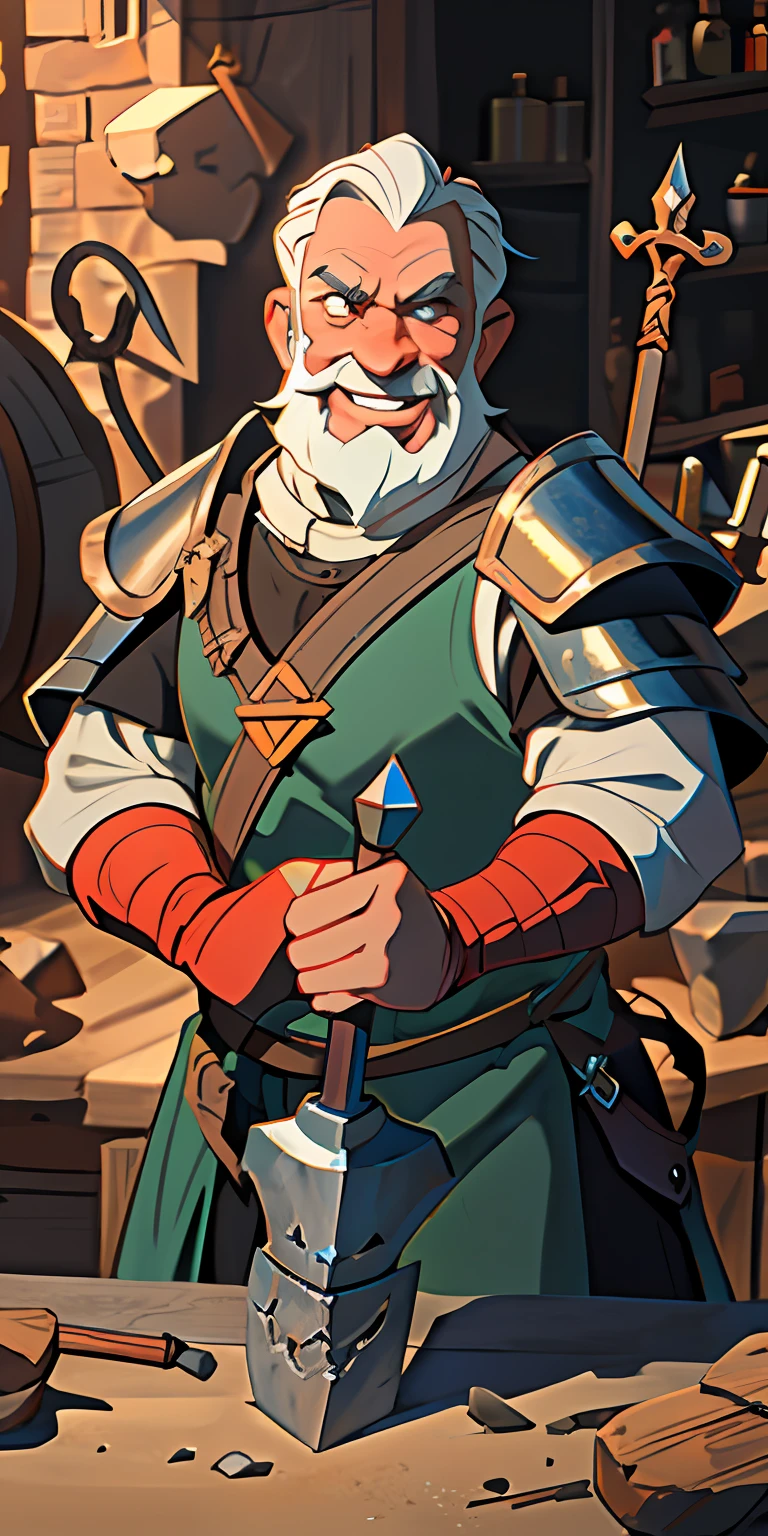 (masterpiece, best quality), adult, elderly, dwarf, gray beard, ((blacksmith)), ((hammer)), ((anvil)), red and white armor, grin