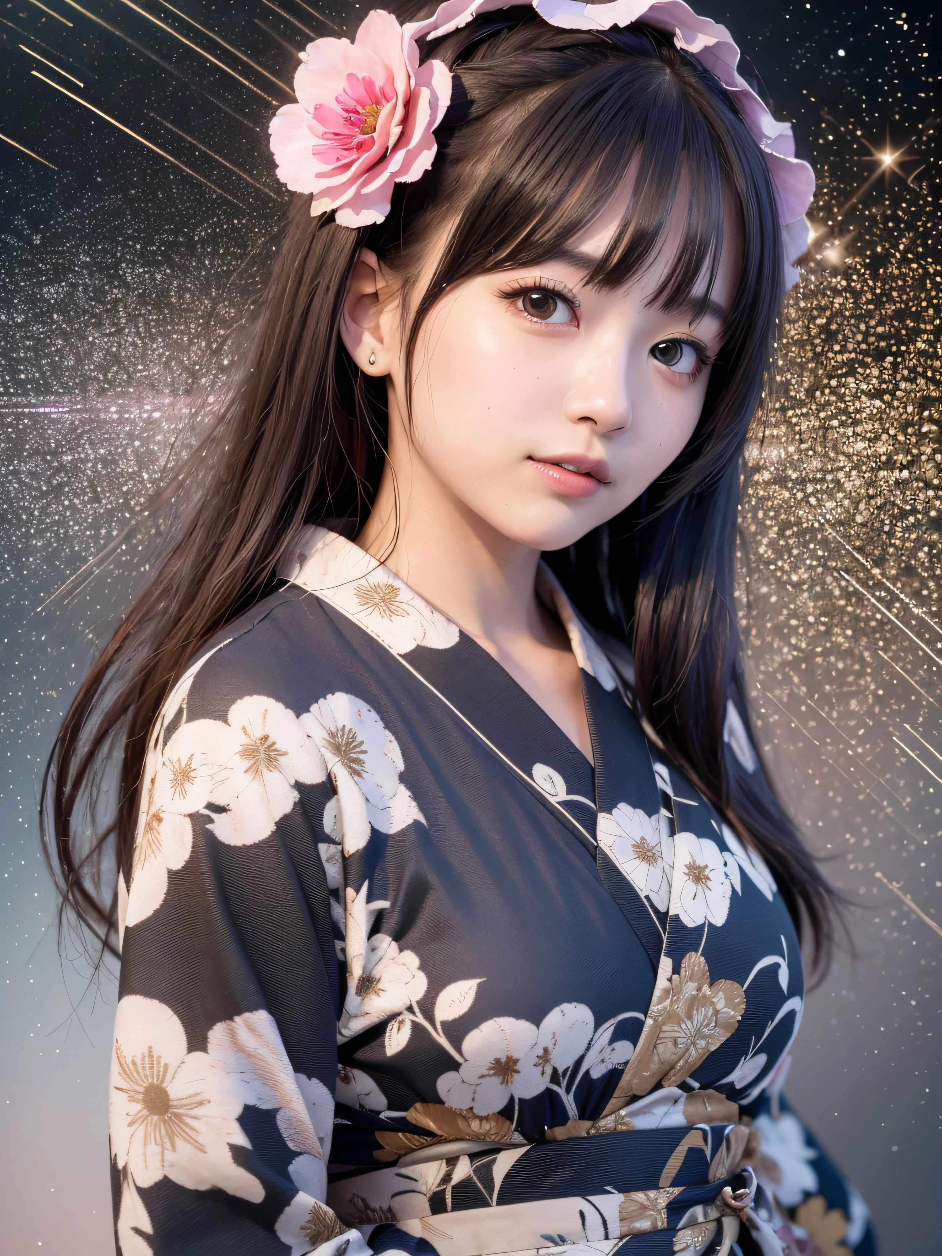 (realistic, photo-realistic:1.37), incredibly absurdres, (insanely detailed:1.3), 8k, (masterpiece), (best quality:1.4), (ultra high res:1.2), (RAW photo:1.2), ultra detailed background, (unity 8k wallpaper), 1 nogizaka girl, utterly cute, bishojo, (:1.25), (gothic loliukata-kimono), an exquisitely detailed and beautiful face and eyes and skin, detailed black shine hair, medium breasts, a yukata-kimono with delicate, soft fabric, smile at the camera, cowboy shot, the star festival in july 7th, tanabata, at night, professional lighting