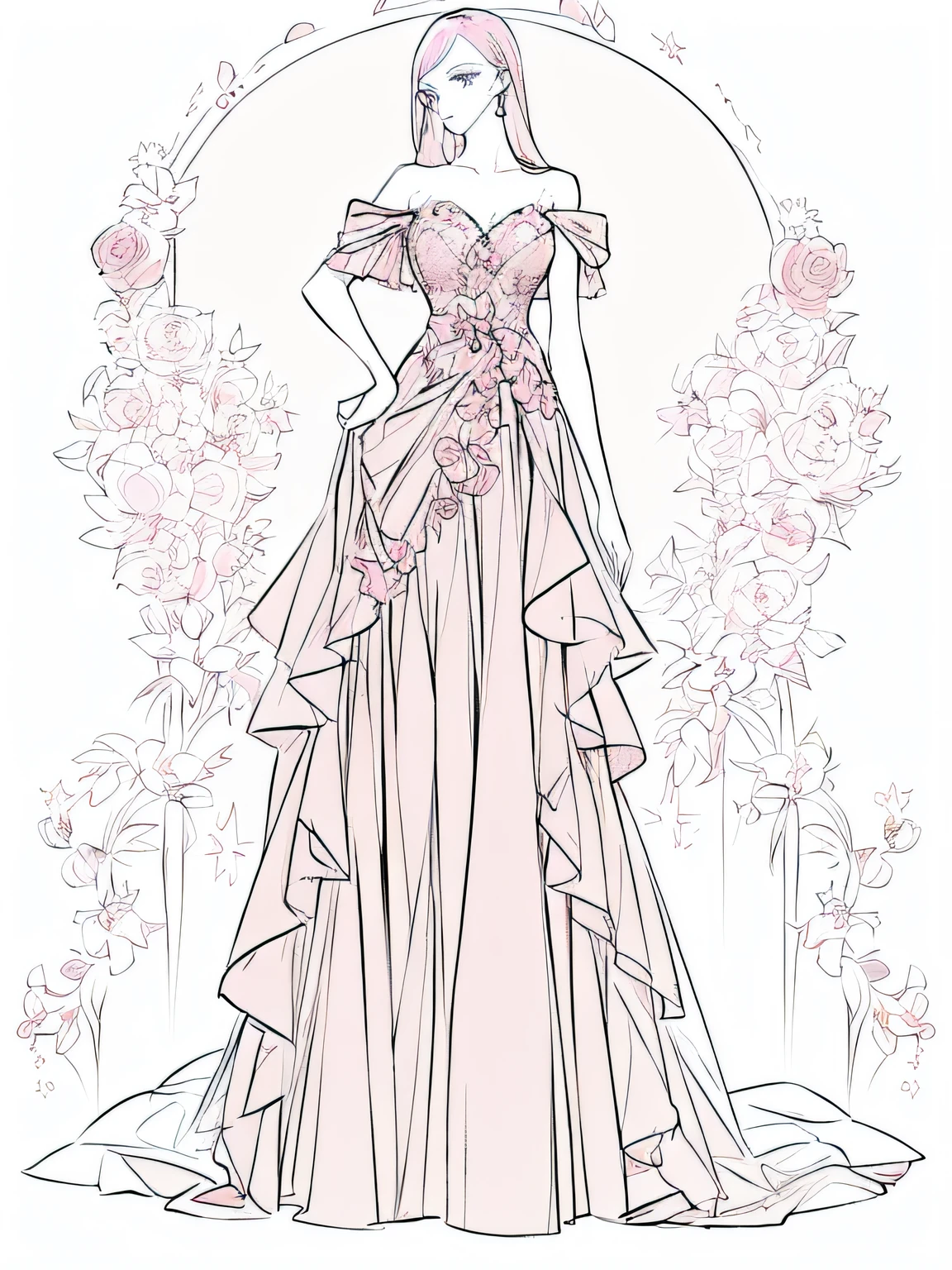 A drawing of a woman in a wedding dress, wearing a beautiful paste pink dress, flowing dress, wearing an evening dress, complex pastel pink dress, detailed image, standing elegant posture, detailed fashion illustration, wearing an elegant pale pink dress, wearing a flowing pale pink dress, detailed pale pink dress, flowing pale pink dress, Charlie Beauvot's style