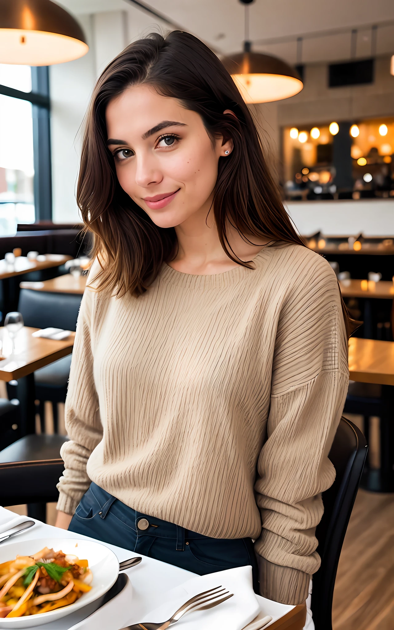 beautiful brunette wearing beige sweater (having lunch inside a modern restaurant), very detailed, 40 years, innocent face, long hair, natural wavy, blue eyes, high resolution, masterpiece, best quality, intricate details, highly detailed, sharp focus, detailed skin, realistic skin texture, texture, detailed eyes, professional, 4k, charming smile, shot on Canon, 85mm, shallow depth of field, kodak vision color, perfect fit body, extremely detailed, foto_\(ultra\), photorealistic, realistic, post-processing, maximum detail, roughness, real life, ultra realistic, photorealism, photography, 8k uhd, photography