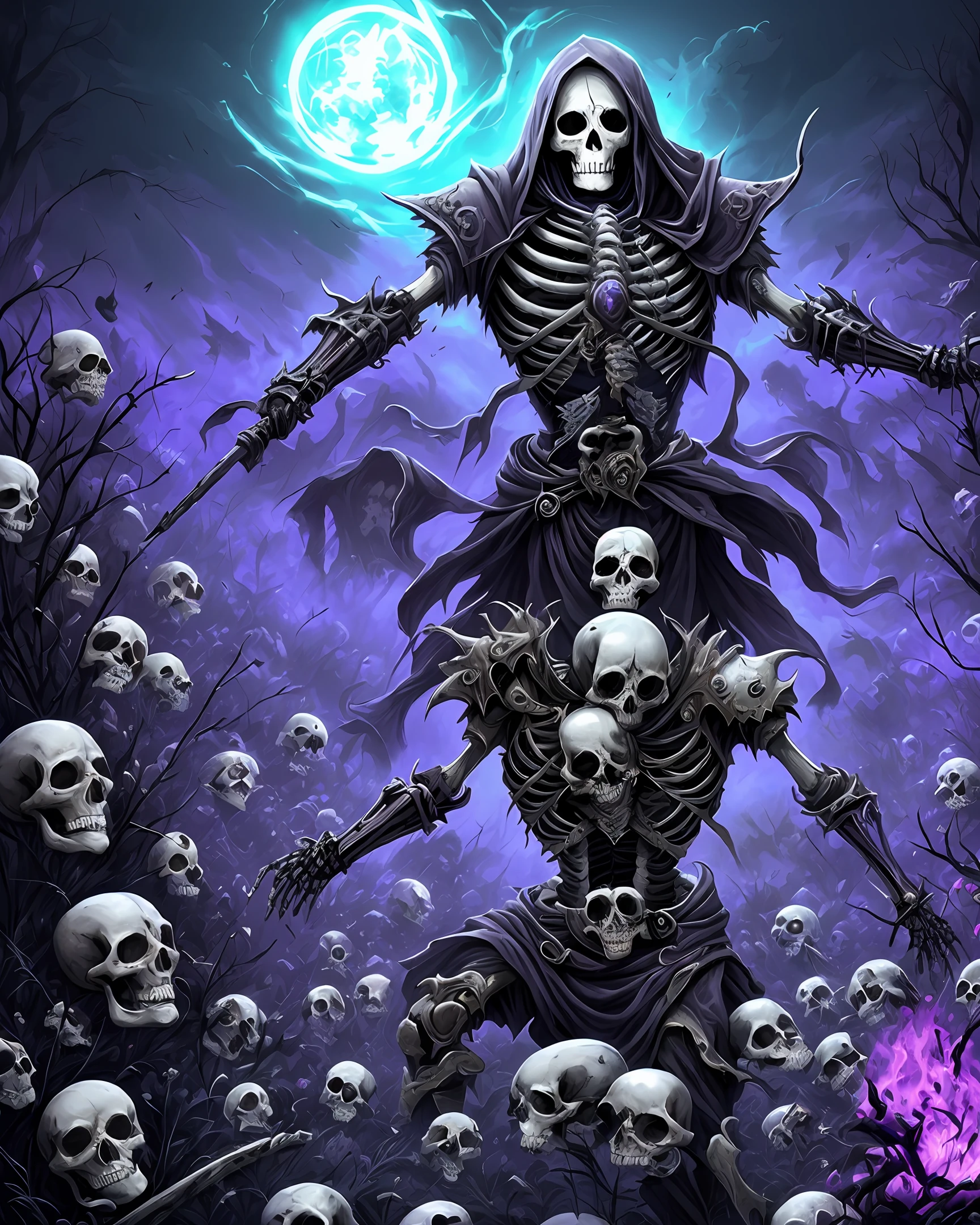 Necromancer, army of the dead, countless skeletons, purple energy, glowing eyes.