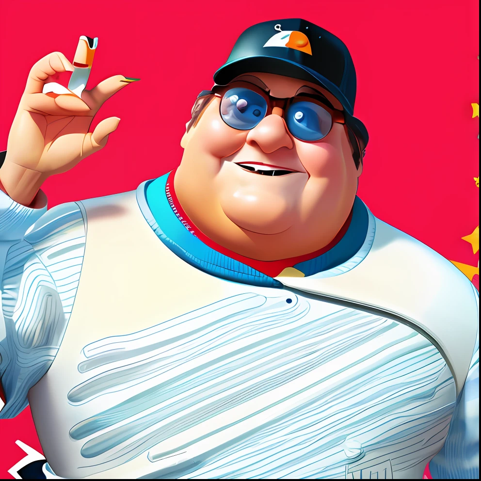 Araffe in baseball cap and glasses is posing for a photo, as a Pixar character, Danny DeVito as Johnny, portrayed as a Pixar character, Pixar renderman, Pixar renderman, Pixar ideal character, Pixar character, Baymax from Big Hero 6, Danny DeVito as Dr. Eggman, movie character, Incredibles syndrome,  Renderman, line art, flat design, high contrast