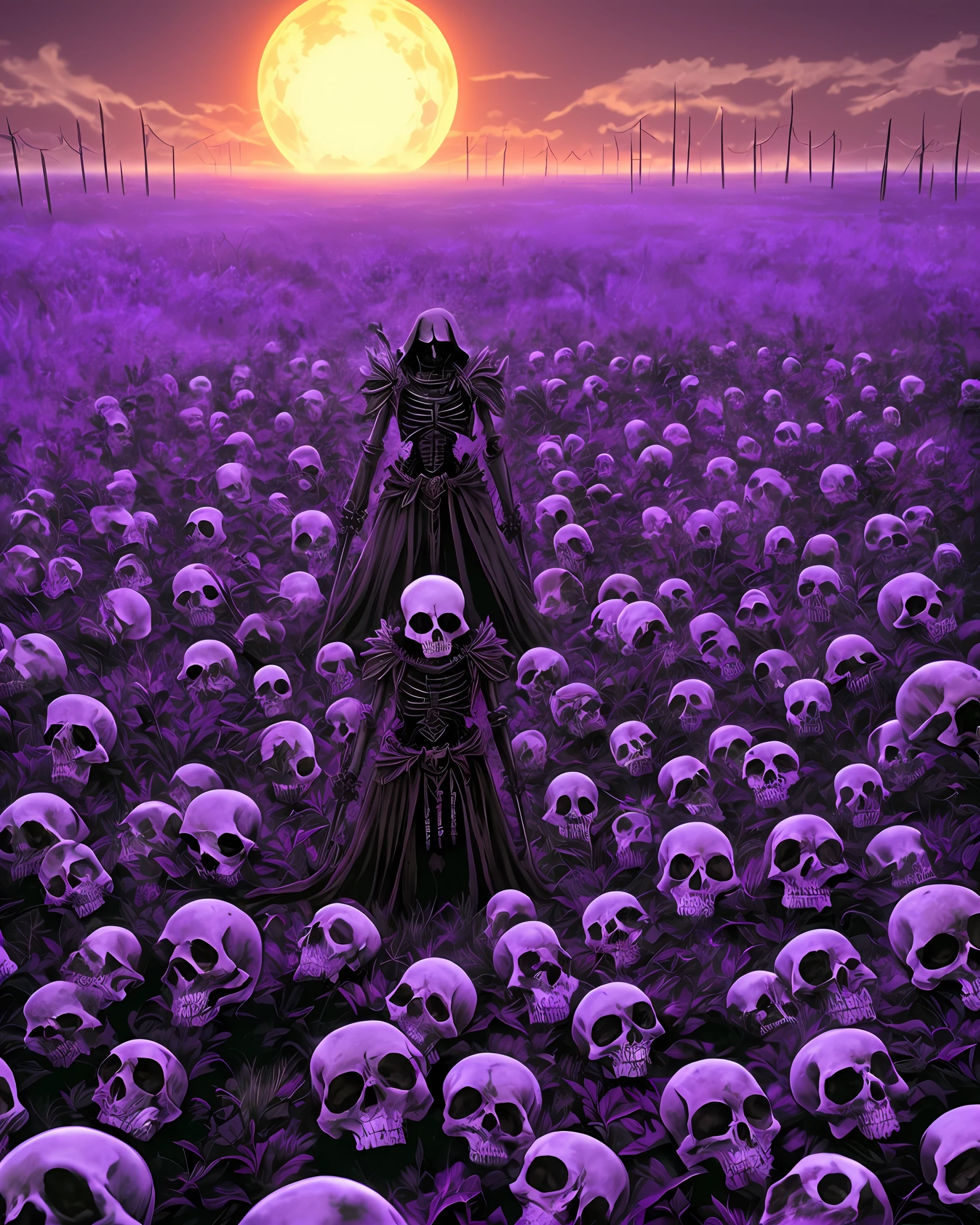 Necromancer, army of the dead, countless skeletons, purple energy, glowing eyes.