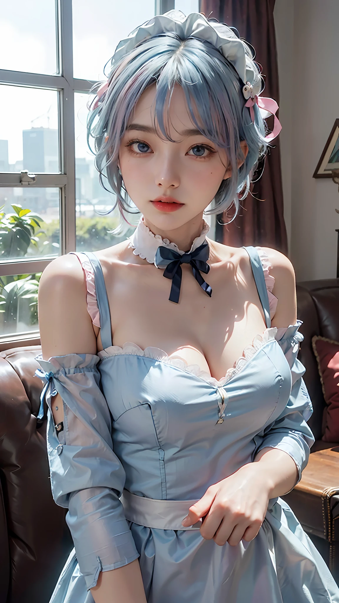 Hi-Res, Sharp Focus, pixiv Masterpiece, (((Intricate Details)), High Detail, Upper Body, One Girl, rem_re_zero, Blue Hair, Short Hair, Maid Clothes, Hair Ornaments, Cleavage, Maid Headdress, Detached Sleeves, Ribbon, R_E_M, 1girl, (((Beautiful Face)), Short Blue Hair, Blue Eyes, Hair Above One Eye, Hair Ornament, Pink Hair Ribbon, Rem Maid Clothes, detached sleeves, upper body, standing, indoors, living room, sofa, table, window