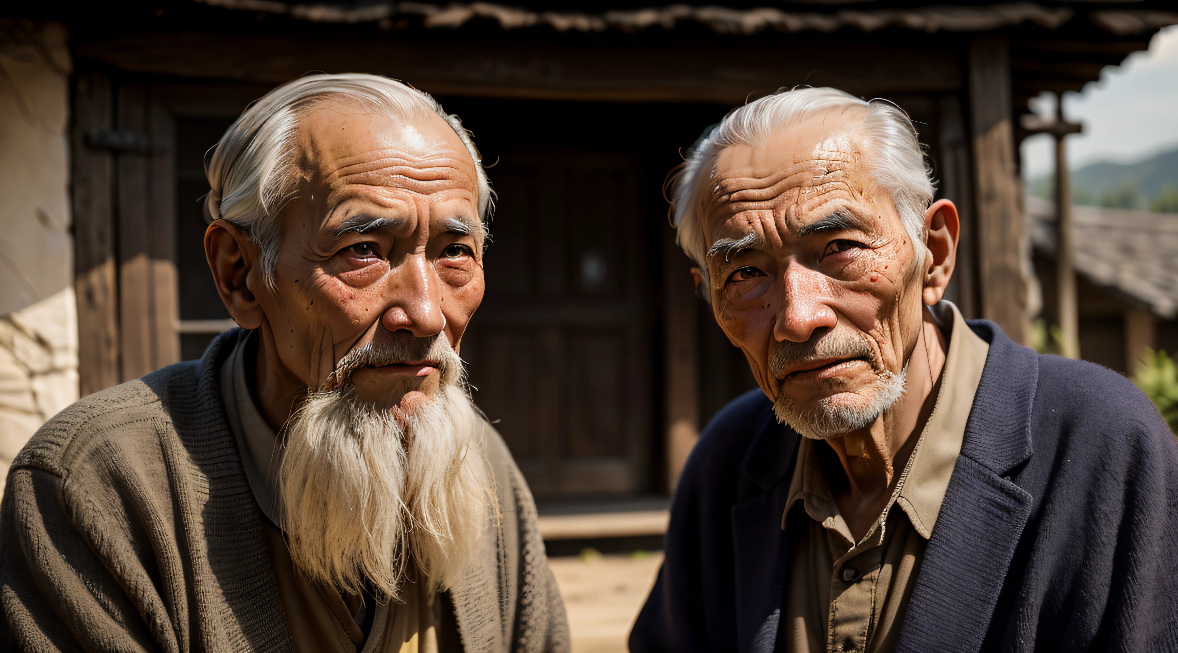 A weather-beaten, wise old Chinese man, with long gray hair, beard, thin figure, kind face, bright eyes, sitting cross-legged on the grass, the background is a blurred wood, the light is dark, in the evening, the two people split into 2 pictures, replaced by a 9:16 scale