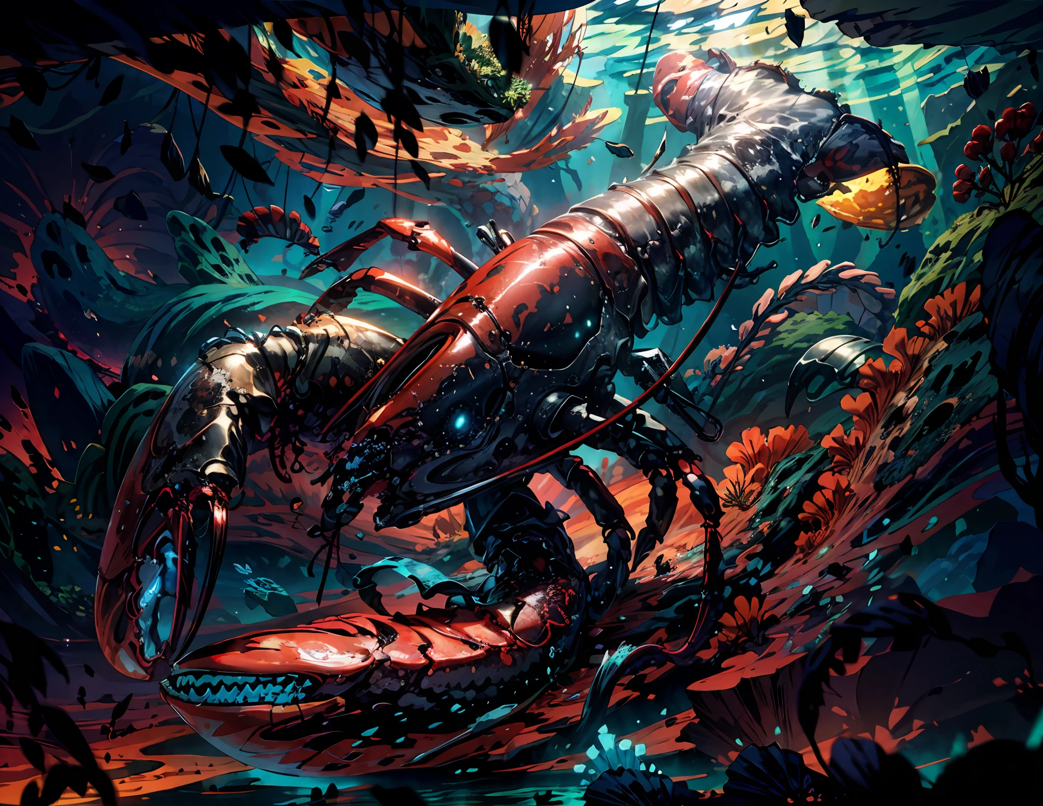 close shot of a mythical colorful shell lobster, big pincers, shiny multicolored shell, detailed legs, detailed pincers, the lobster is crawling on a rock under the sea,crystal, coral ,focus, alien underwater landscape background .BREAK,Detailed,Realistic,4k highly detailed digital art,octane render, bioluminescent, BREAK 8K resolution concept art, realism,by Mappa studios,masterpiece,best quality,official art,illustration,ligne claire,(cool_color),perfect composition,absurdres, fantasy,focused,rule of thirds,