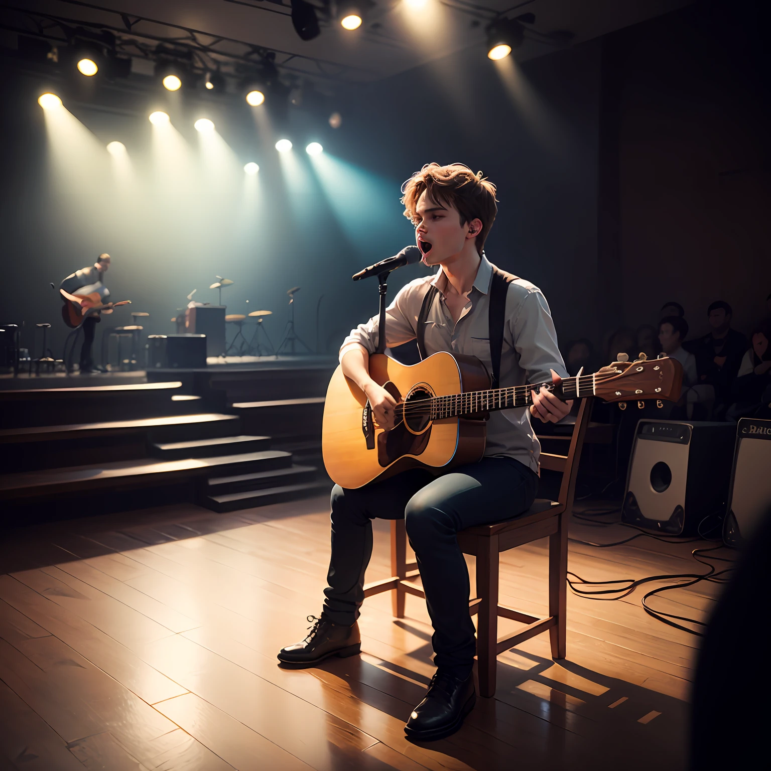 The concert small hall is dimly lit and the stage is spotlighted, 1/4 of the audience and two 20-year-old men on the stage are sitting on chairs, playing folk guitars, and singing into the microphone. --auto