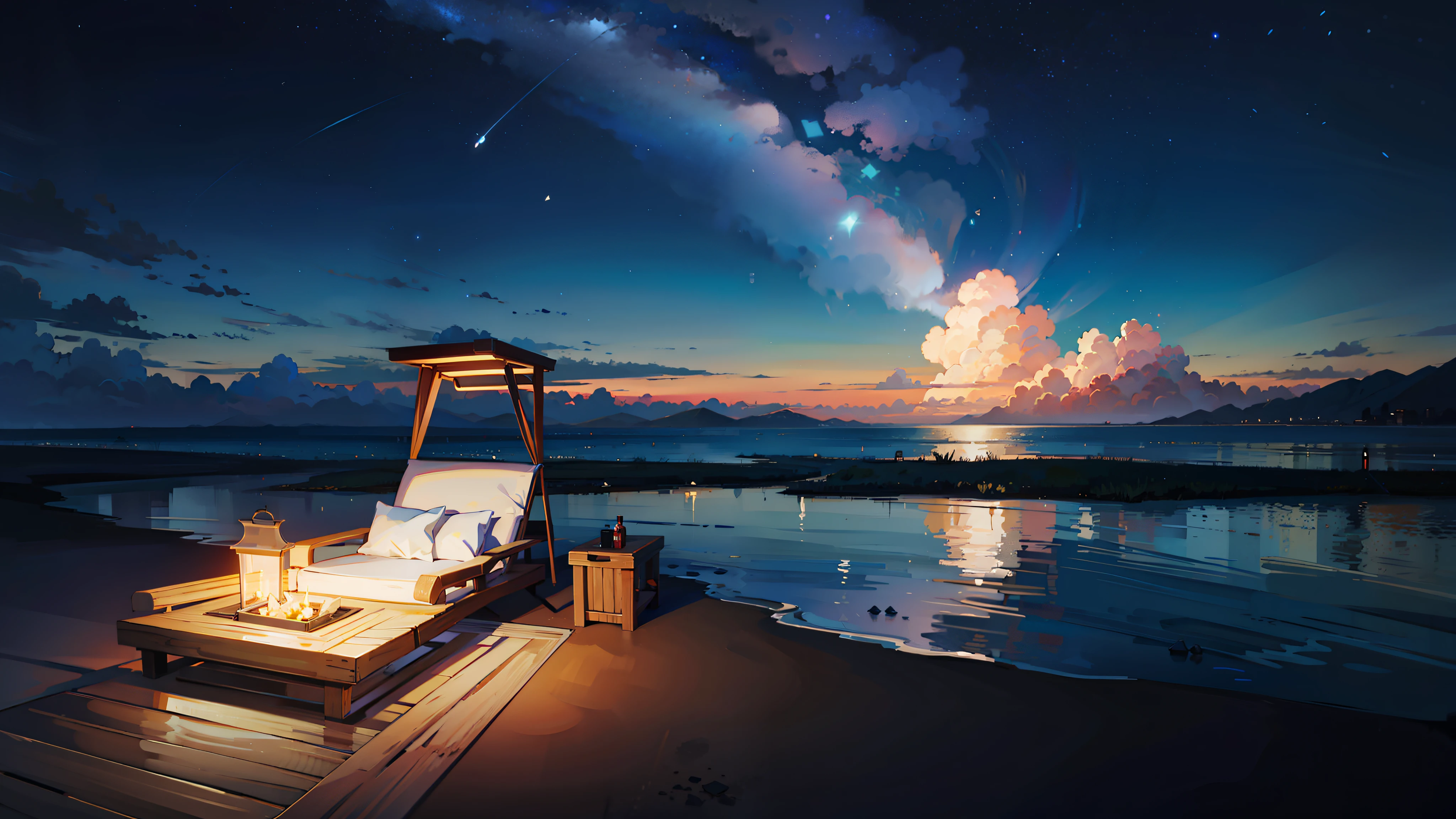 masterpiece, high definition, best quality, night sky, clouds, bright colors, full of stars, sea, summer constellation, realistic photo